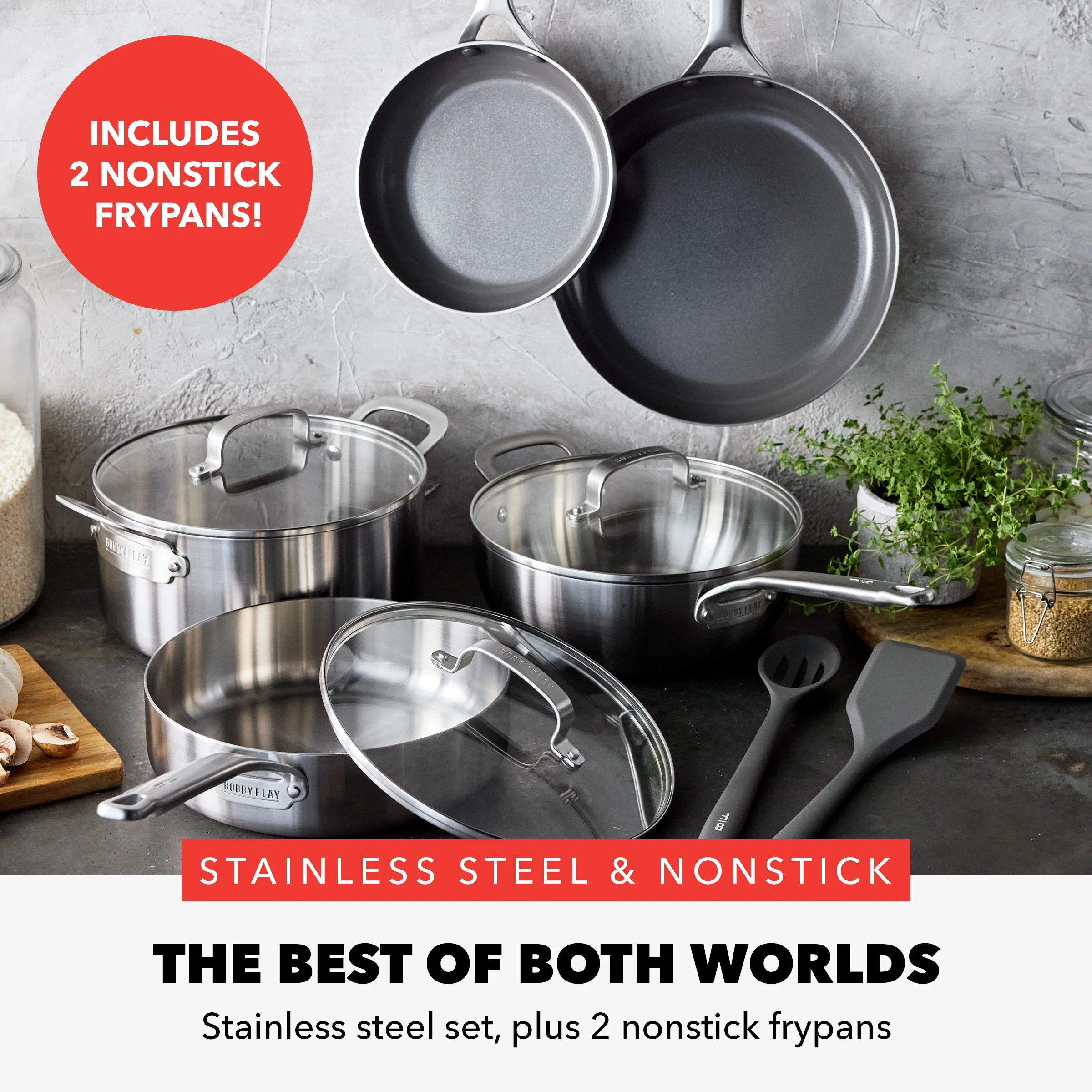 GreenPan Bobby Flay 10-Piece Stainless Steel Cookware Set, Ceramic Nonstick Fry Pans, Dishwasher Safe