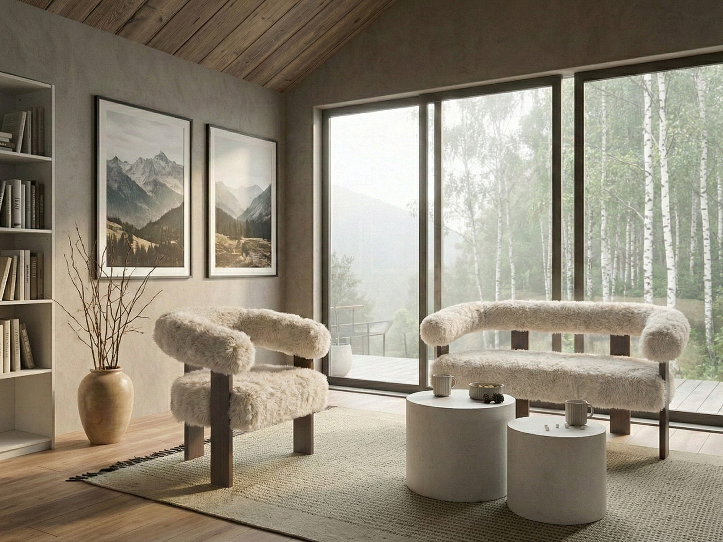Living Room Set ILBRO Faux Fur Off-White/ Dark Brown