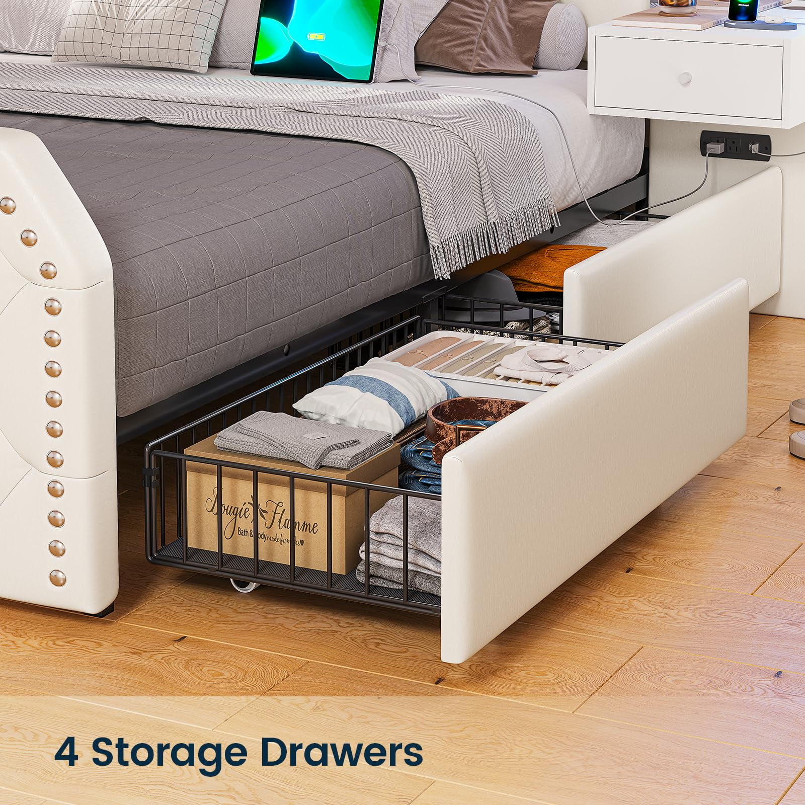 Queen Bed Frame with 2 Nighstands, Power Outlets and 4 Drawers, Upholstered Bed with Vanity Tables and Mirrors, Modern Velvet Tufted Platform Bed with Headboard & Footboard, Black - Image 13