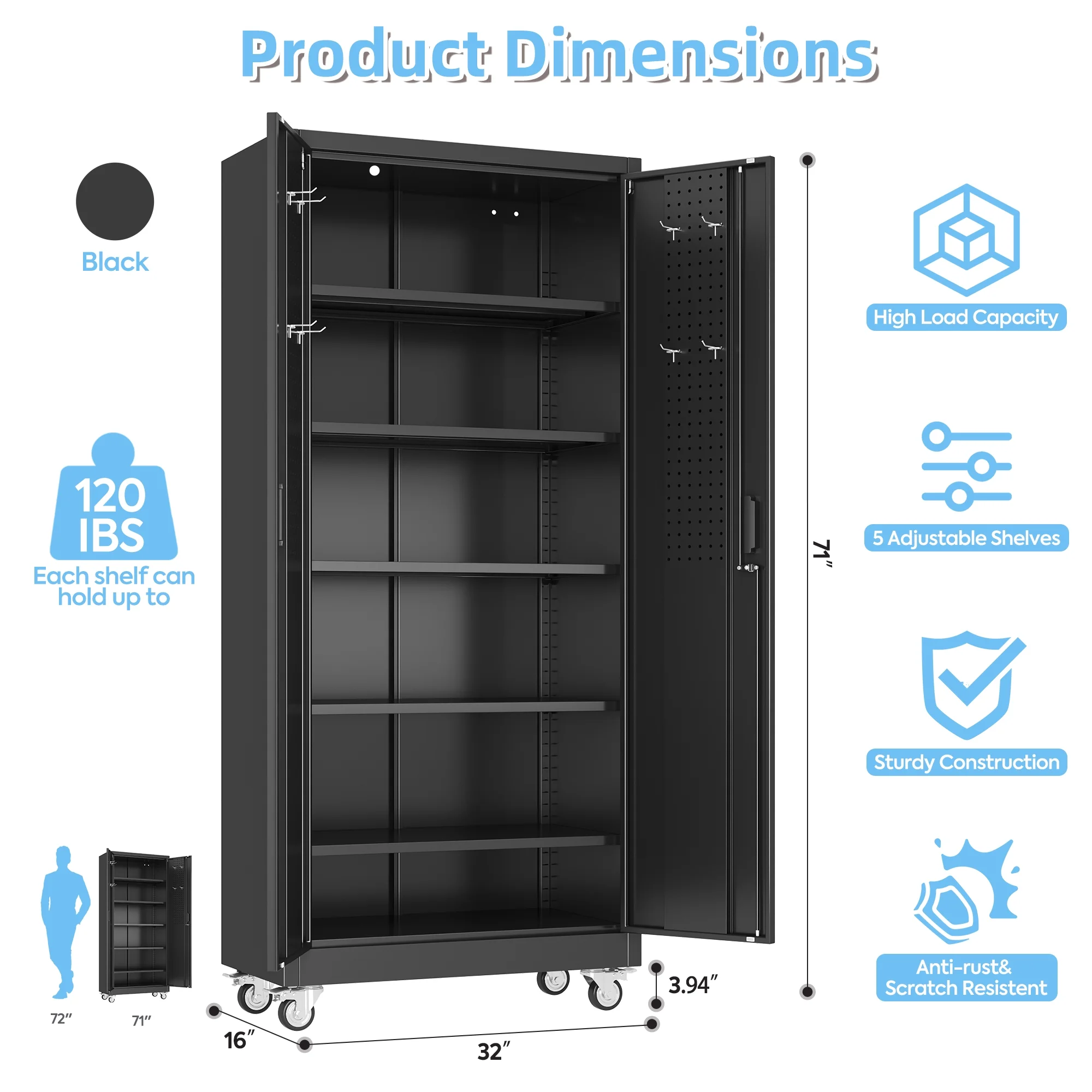 GangMei 71 inches Tall Metal Rolling Garage Storage Cabinets with Locking Doors and 5 Adjustable Shelves, Metal Storage Cabinet for Garage, Office, Home, Classroom, Assemble Required(Black) - Image 4