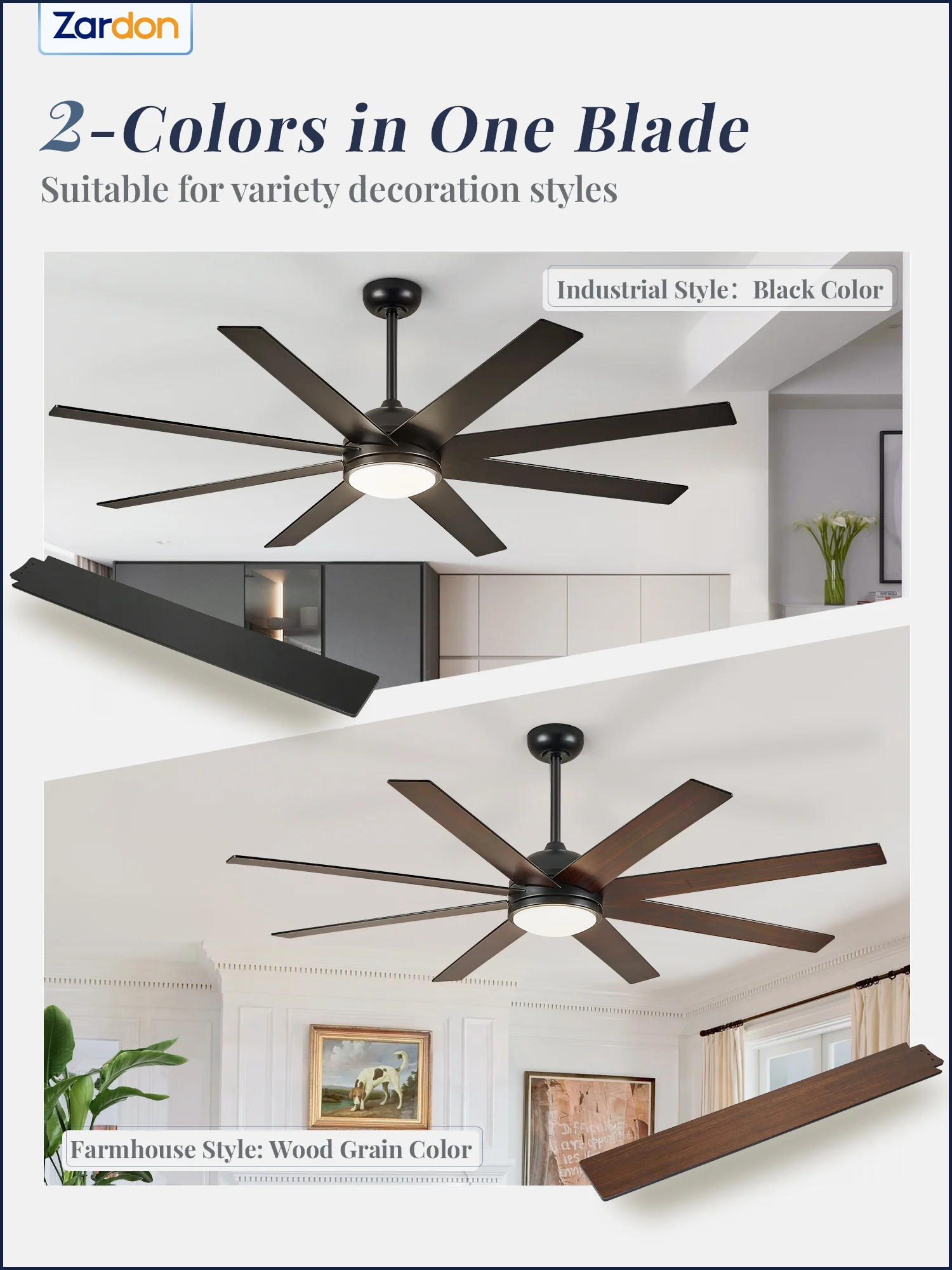 Zardon 72 inch Large Ceiling Fan with Light and Remote, Modern Ceiling Fan with 8 Reversible Blades, 6 Speed, for Indoor Outdoor, Black