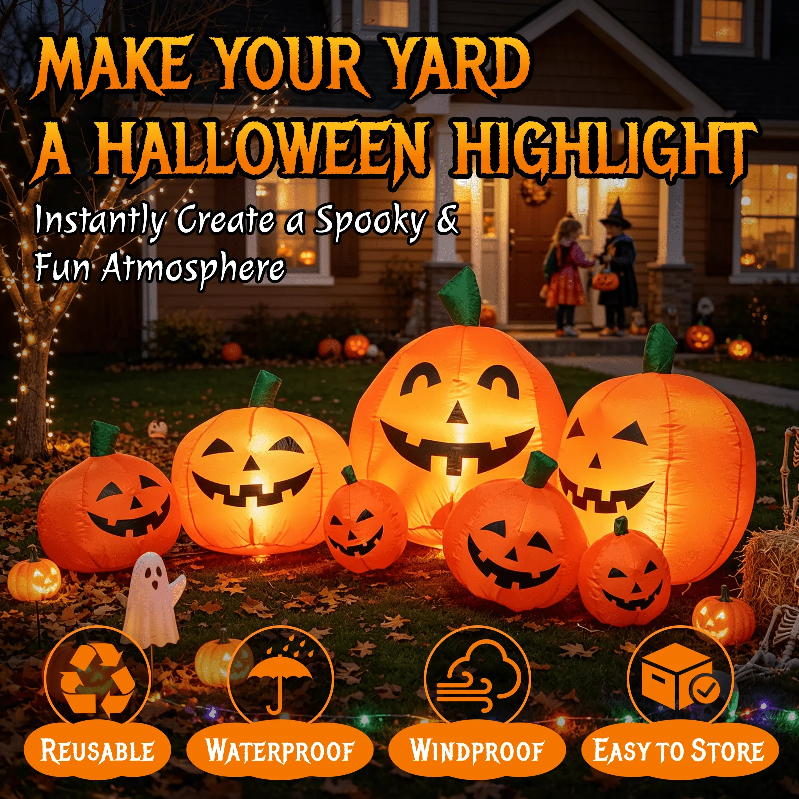 7.5 FT Long Halloween Inflatables Pumpkin Family Lighted,7 Pumpkins Blow Up Yard Decoration, Built-in LEDs, Stakes & Tethers Included for Outdoor Lawn Garden Halloween Decor - Image 2 7.5 FT Long Halloween Inflatables Pumpkin Family Lighted,7 Pumpkins Blow Up Yard Decoration, Built-in LEDs, Stakes & Tethers Included for Outdoor Lawn Garden Halloween Decor - Image 2