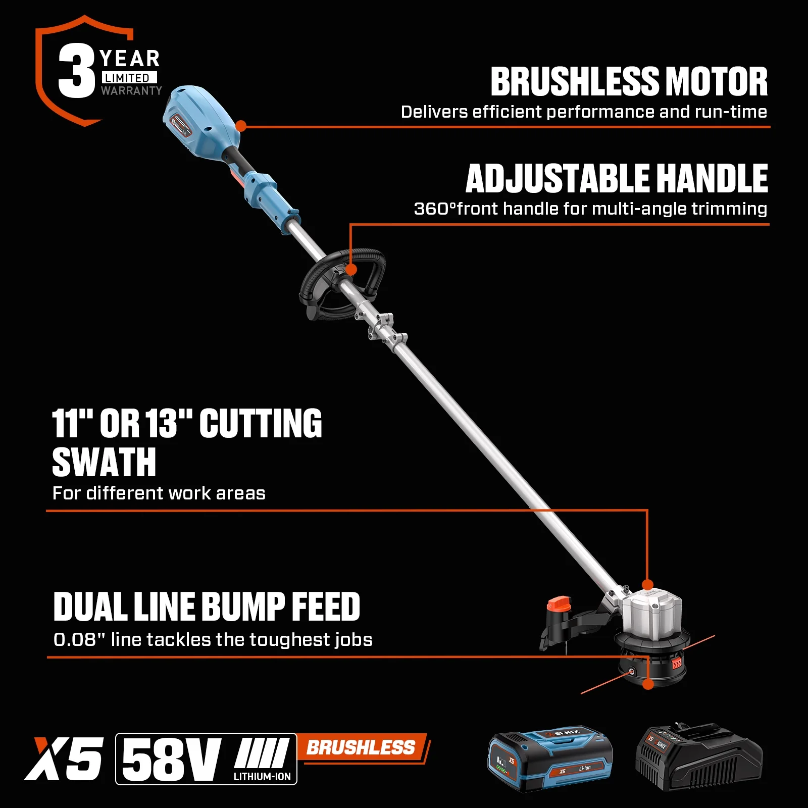 SENIX 58V Brushless Weed Eater, 11�?13�?Variable Length String Trimmer, 360° Adjustable Handle, Battery & Charger Included, GTSX5-M - Image 3