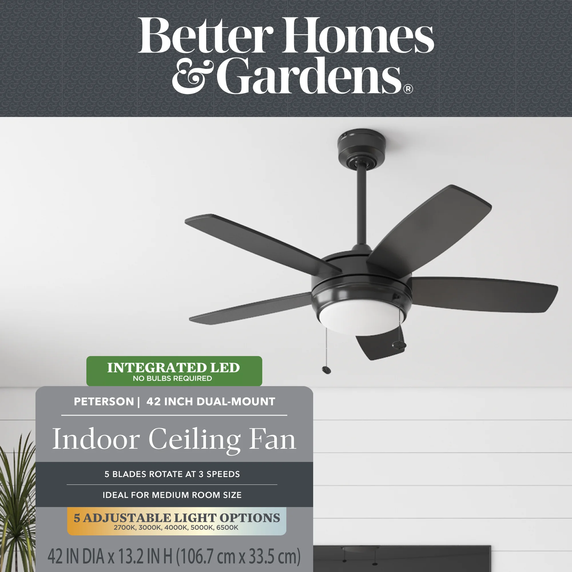 Better Homes & Gardens 42'' Matte Black Modern LED Dual Mount Indoor Ceiling Fan