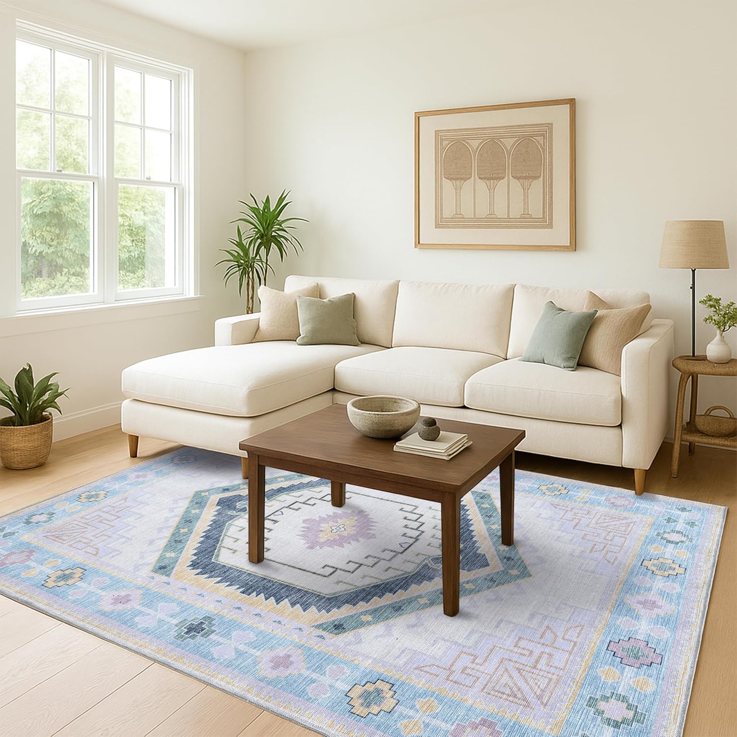 Fame Living Washable Area Rug. Modern Farmhouse. Vintage. Turkish. Bohemian. Distressed. Oriental. Traditional. Rugs for Living Room. Dining. Bedroom. Office. Entryway. Foyer. (856PBl, 9'5