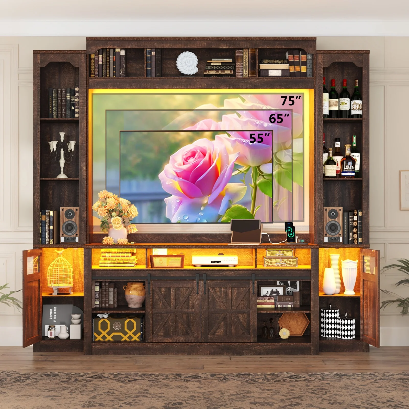 Farmhouse Wall Unit TV Stand with Storage for TVs up to 75", Large Entertainment Center with Bookshelves, LED Light & Power Outlet for Living Room - Image 16