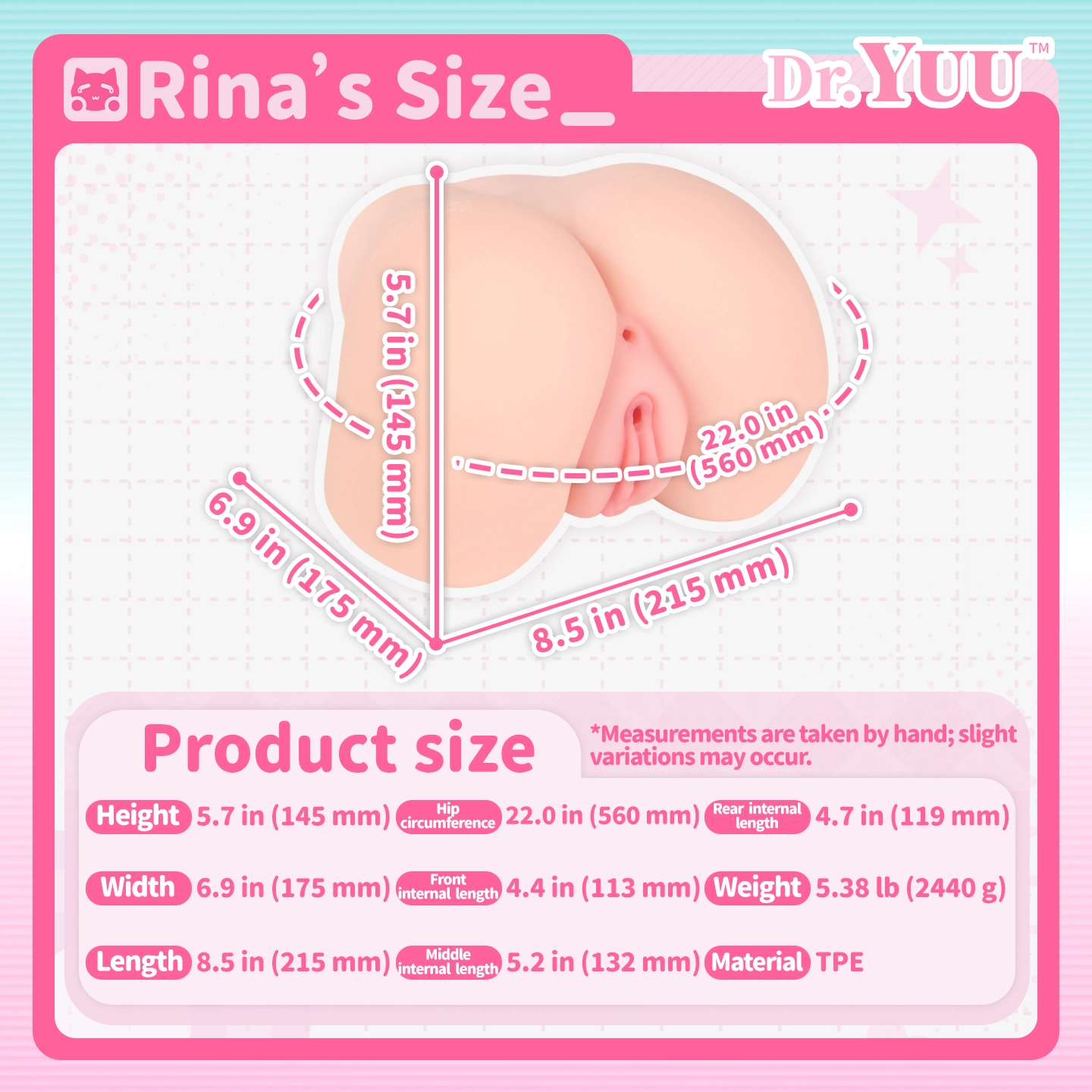 Dr.YUU triple canal ass masturbator specifications with 5.38 lb weight and three canal lengths