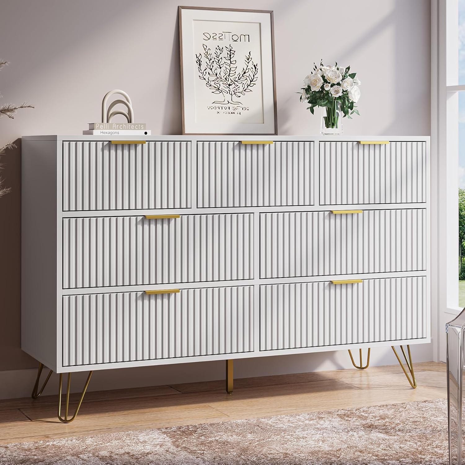 White Dresser for Bedroom, 7 Drawer Dresser with Gold Pulls, Wide Chest of Drawers for Bedroom, Entryway, 47.2