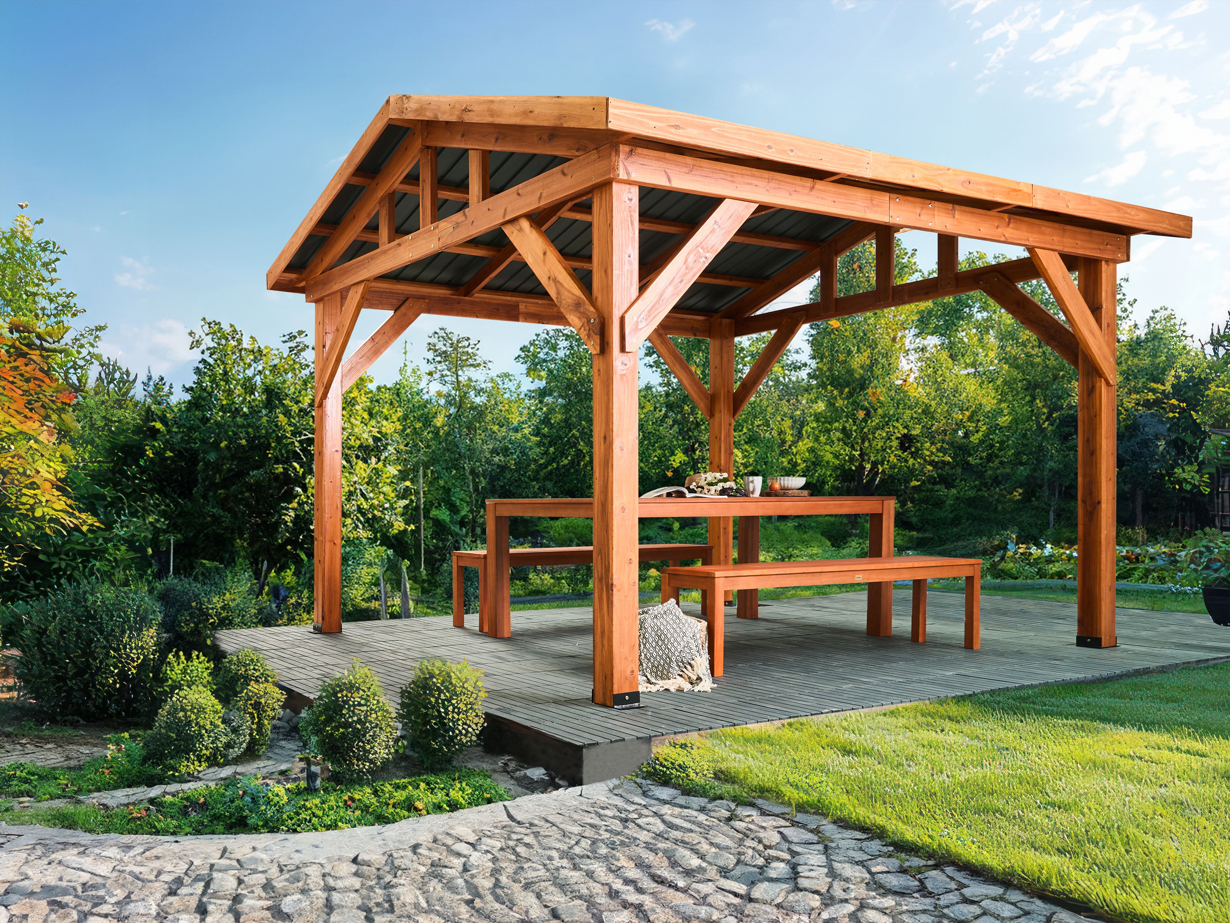 Gazebo SECCHIA Fir Wood 296 cm 350 cm Brown/ Grey