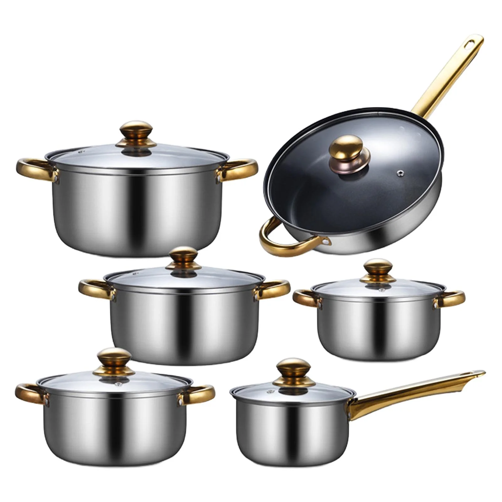 kowaku 6 Pieces Cookware Set Kitchen Cooking Set with Glass Lid, Soup Pot, Frying Pan Pots and Pans Set Stainless Steel for Kitchen Pans with soup pot