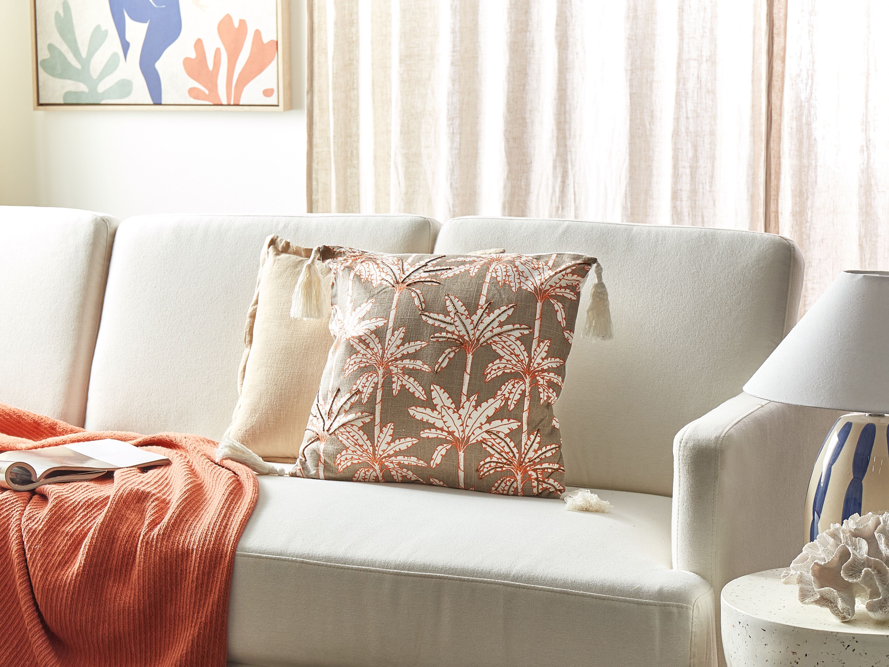 Throw Cushion MELOBESIA Cotton 45 x 45 cm Beige Plant Pattern