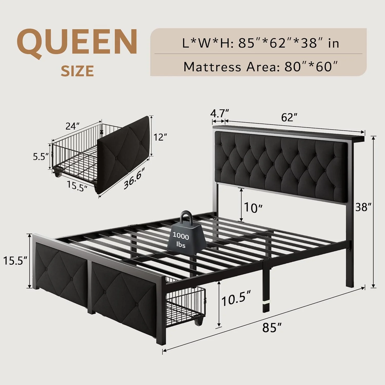 iPormis Full Bed Frame with 2 Drawers, Metal Platform Bed with Charging Station and Linen Fabric Storage Headboard Strong Metal Slats Black,Gray - Image 11