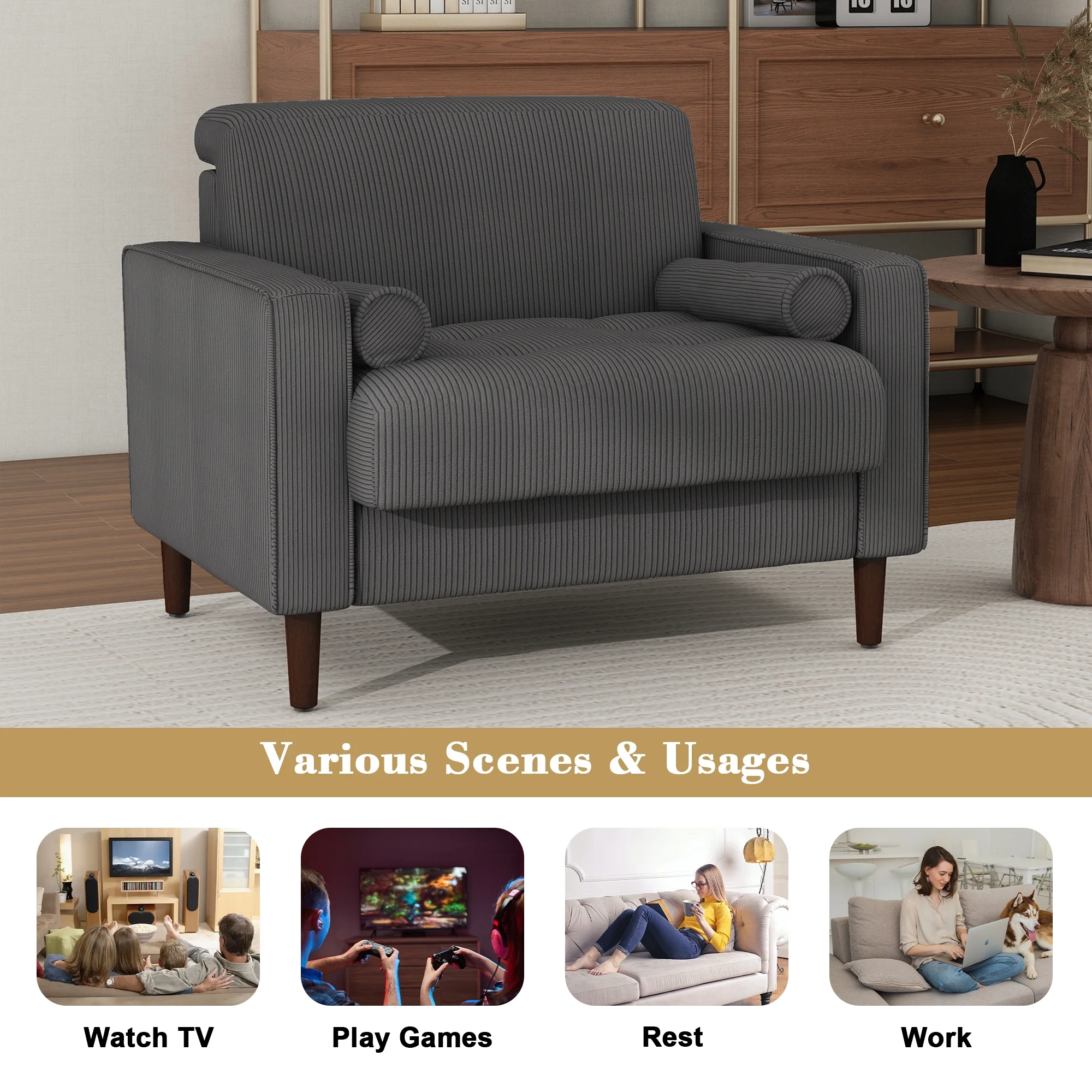 UIXE Corduroy Accent Chair Modern Upholstered Arm Chairs Comfy Reading Armchair with Pillow Armrest Tufted Living Room Single Sofa Lounge Seat, Yellow - Image 14