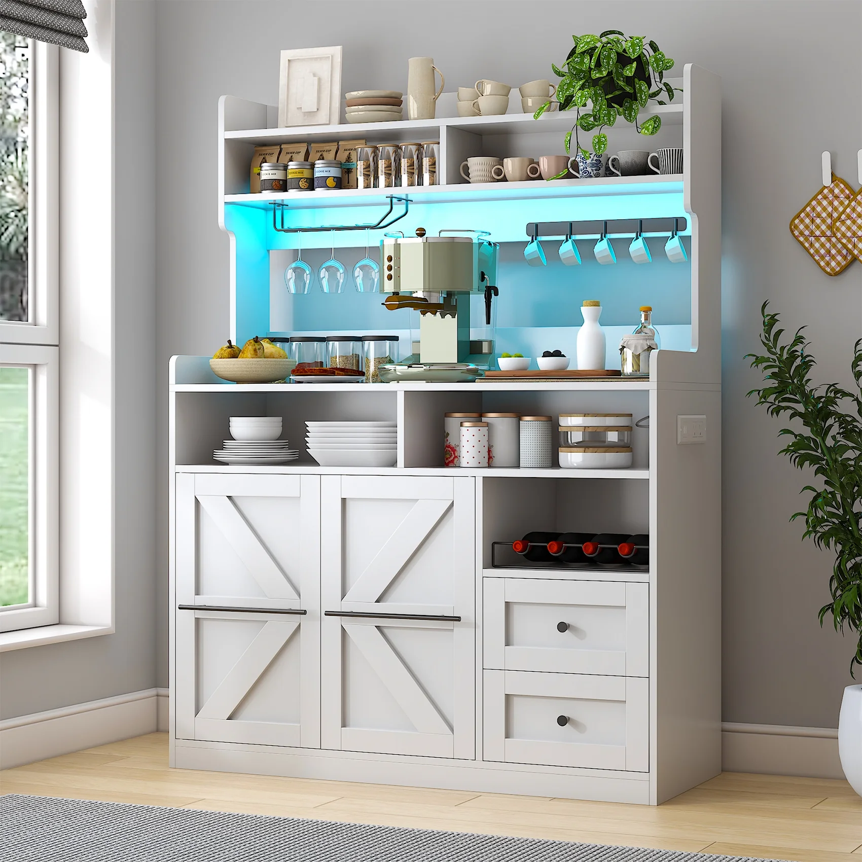 Winkalon Farmhouse Coffee Bar with LED Lights, 41.3 inch Coffee Bar Cabinet with Storage, Wine Bar Cabinet with Wine and Glass Rack for Living, Dining Room, White
