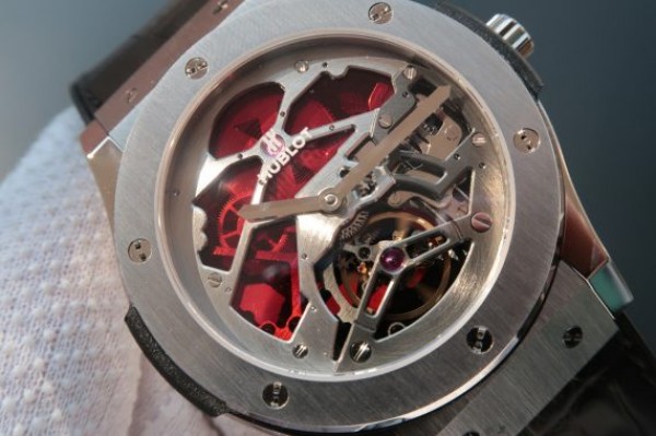 Replica Hublot Classic Fusion Tourbillon 45mm TF Red Skeleton Dial Black Gummy Strap A23J - Elite Watch Atelier