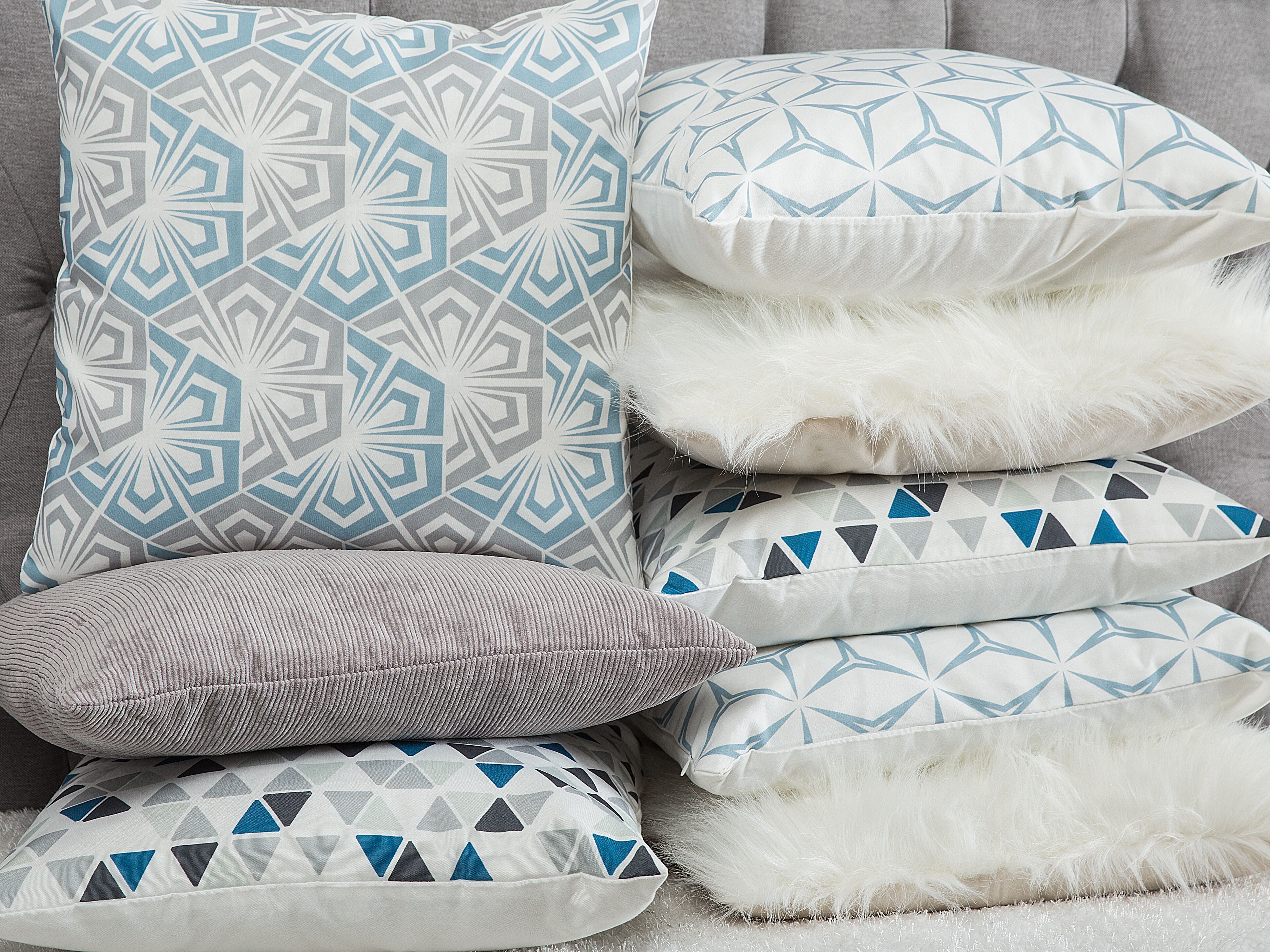 Set of 2 Decorative Cushions CLEOME 45 x 45 cm White Grey Blue Geometric Pattern