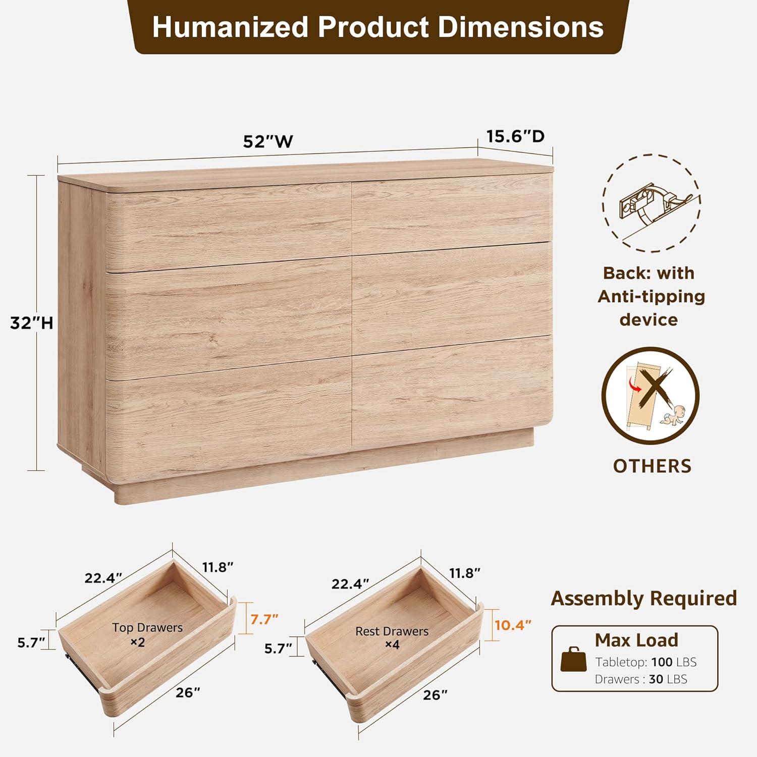 ACCOHOHO Modern 6 Drawer Dresser for Bedroom, 52