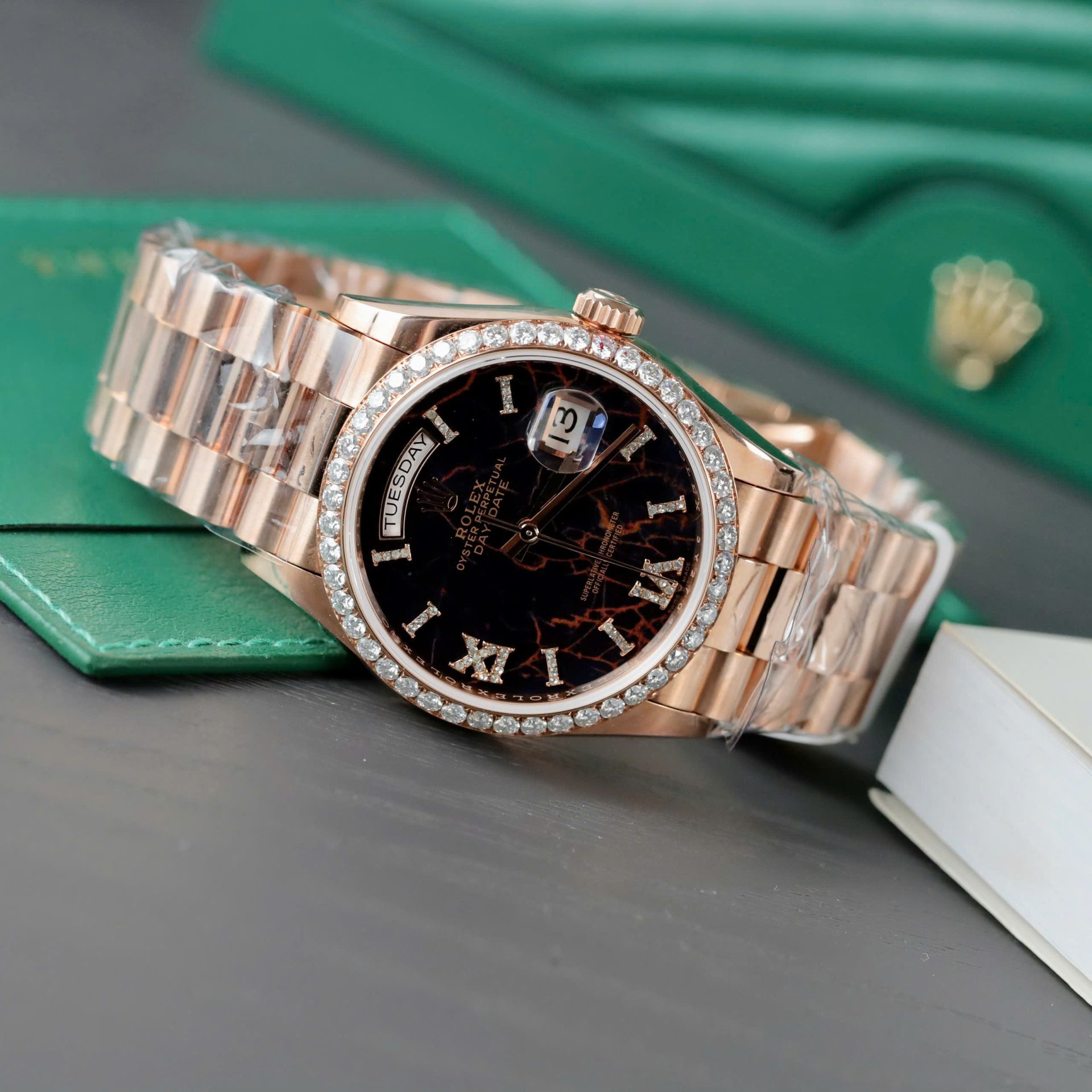 Rolex Day-Date Eisenkiesel Dial Copies Watch Gold Wrapped + Diamonds Moissanite GM Factory 36mm - Elite Watch Atelier