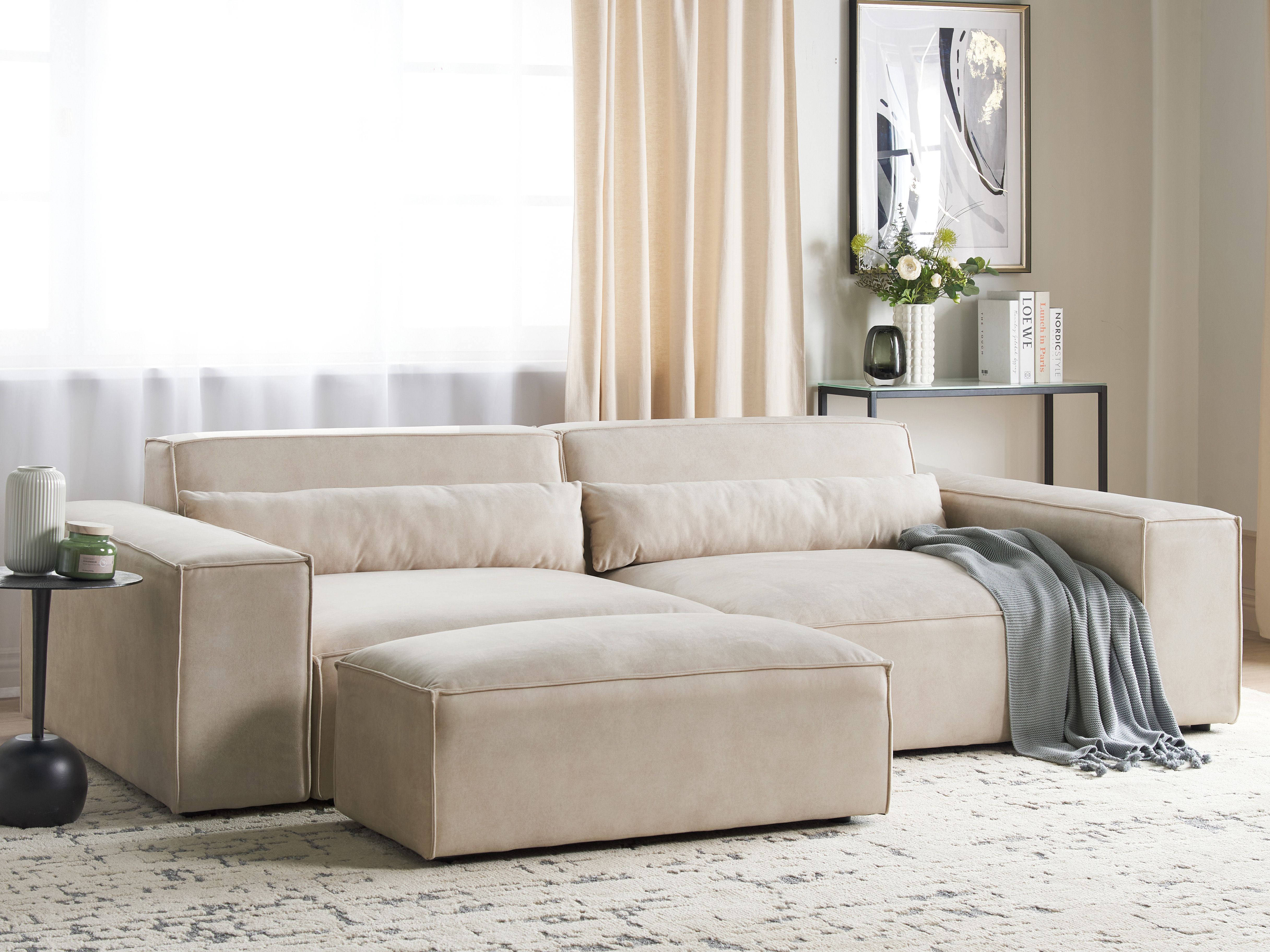 Modular Sofa 3 Seater HELLNAR Velvet Light Beige with Ottoman