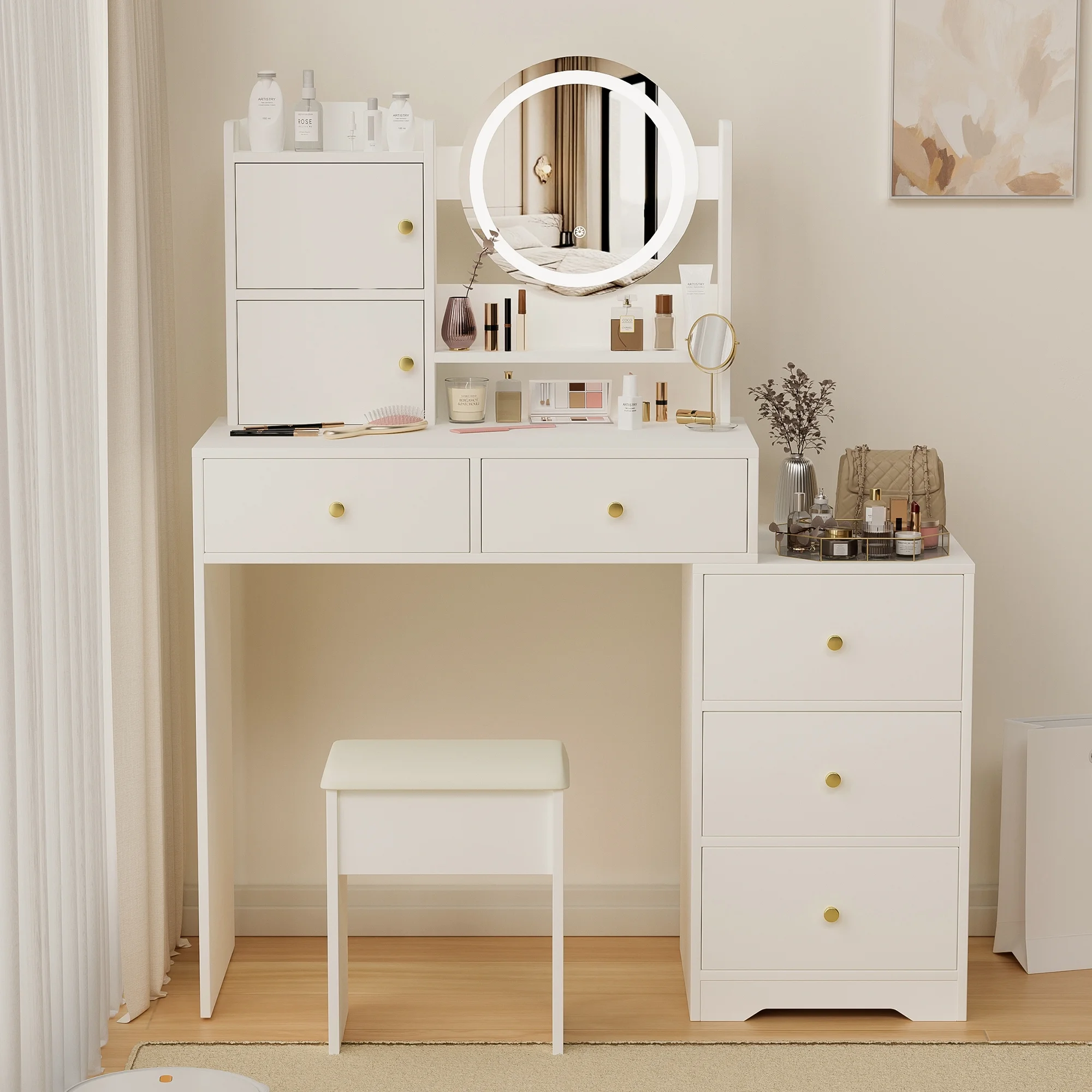 Montary Modern Mini Vanity w/Adjustable LED Mirror + Hidden Storage, Padded Stool & Dustproof Shelves (White) - Image 77
