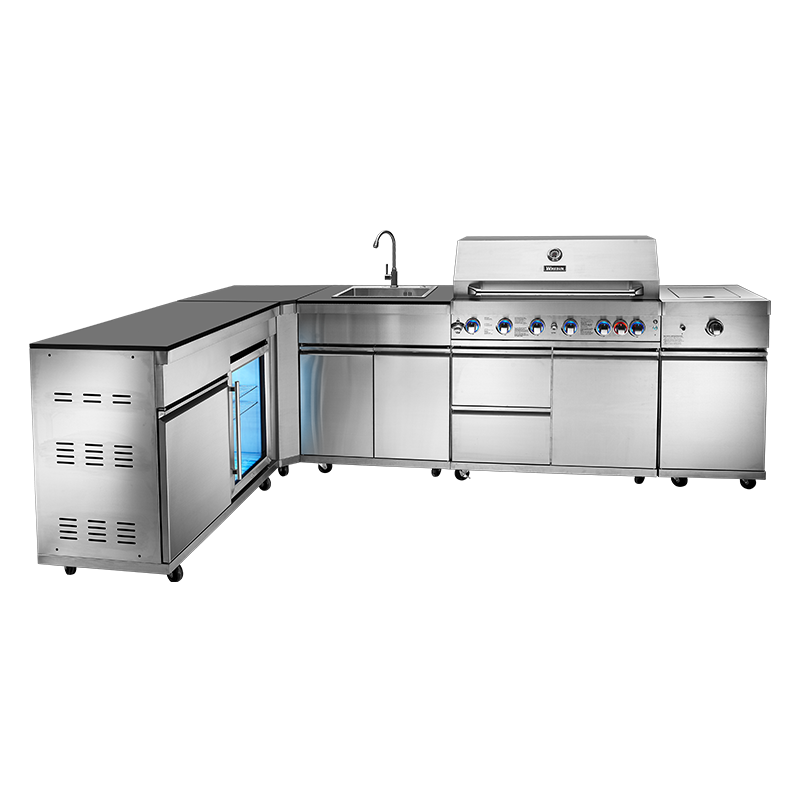 Premium Stainless Steel Gas BBQ Grill with 6+1 Burner Refrigerator Sink Tap Cabinet Trolley for Home Outdoor Use