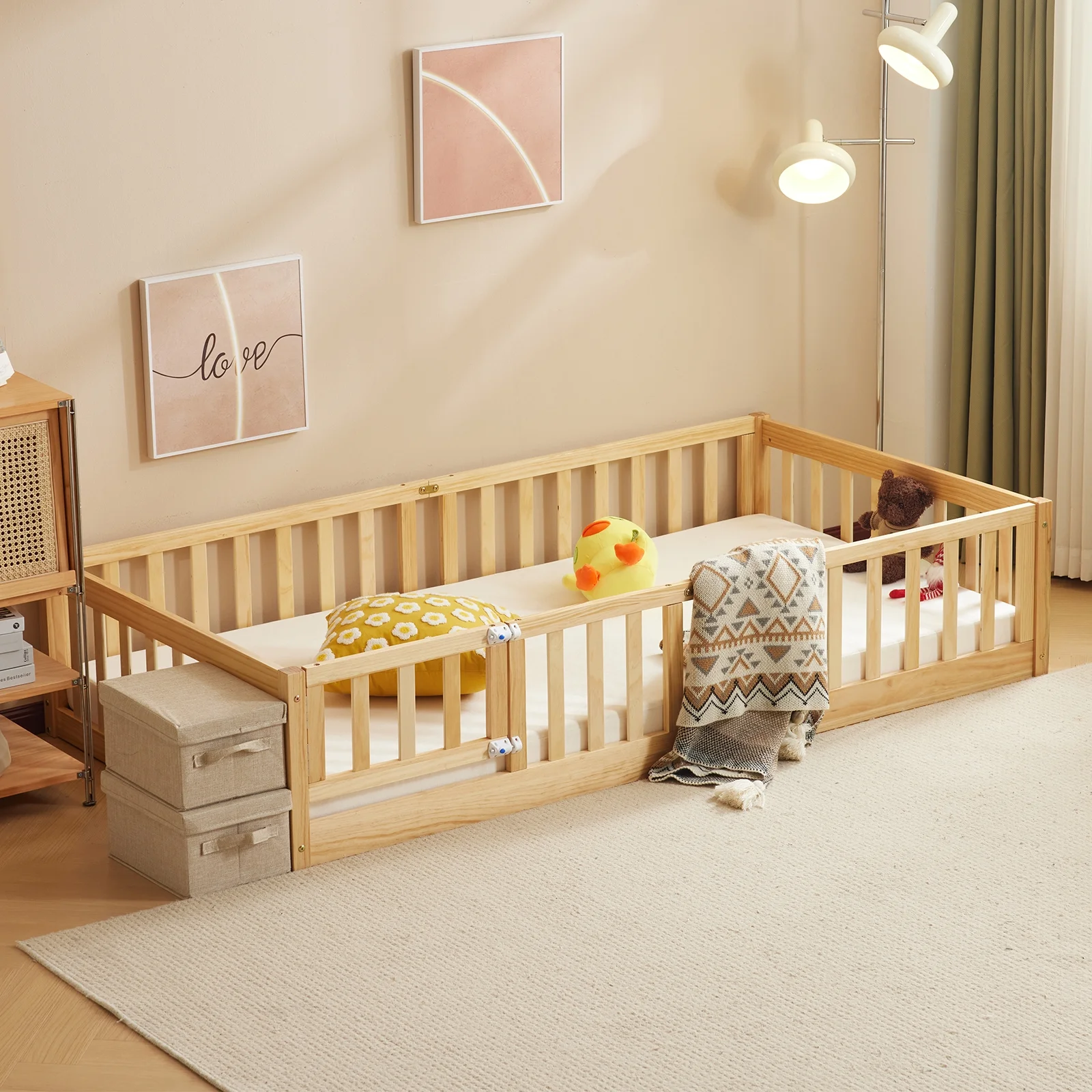 Zimtown Montessori Floor Bed Frame, Full Size Kids Toddler Bed with Fence and Door, Wooden Platform Bed, White - Image 15