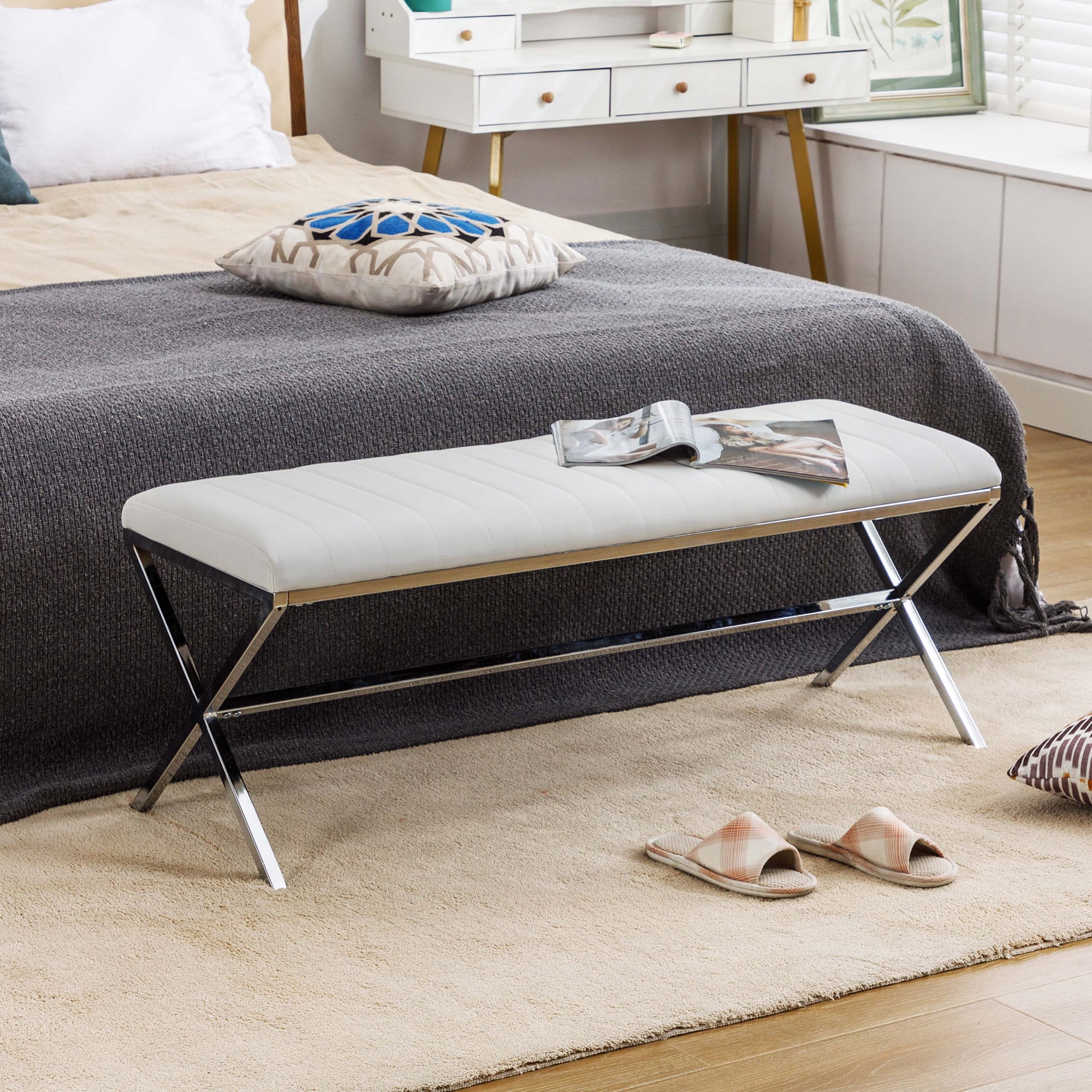 Duhome Dining Bench with Metal Base Upholstered Bedroom Bench Modern Faux Leather Bench End of Bed Bench for Entryway Living Room, White