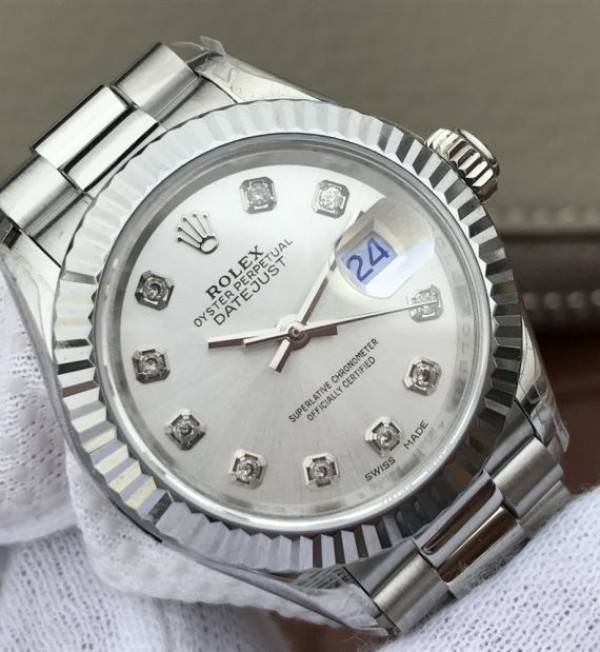 Replica Rolex DateJust 28mm Fluted Bezel White Dial Diamonds Markers Bracelet A2236 - Elite Watch Atelier