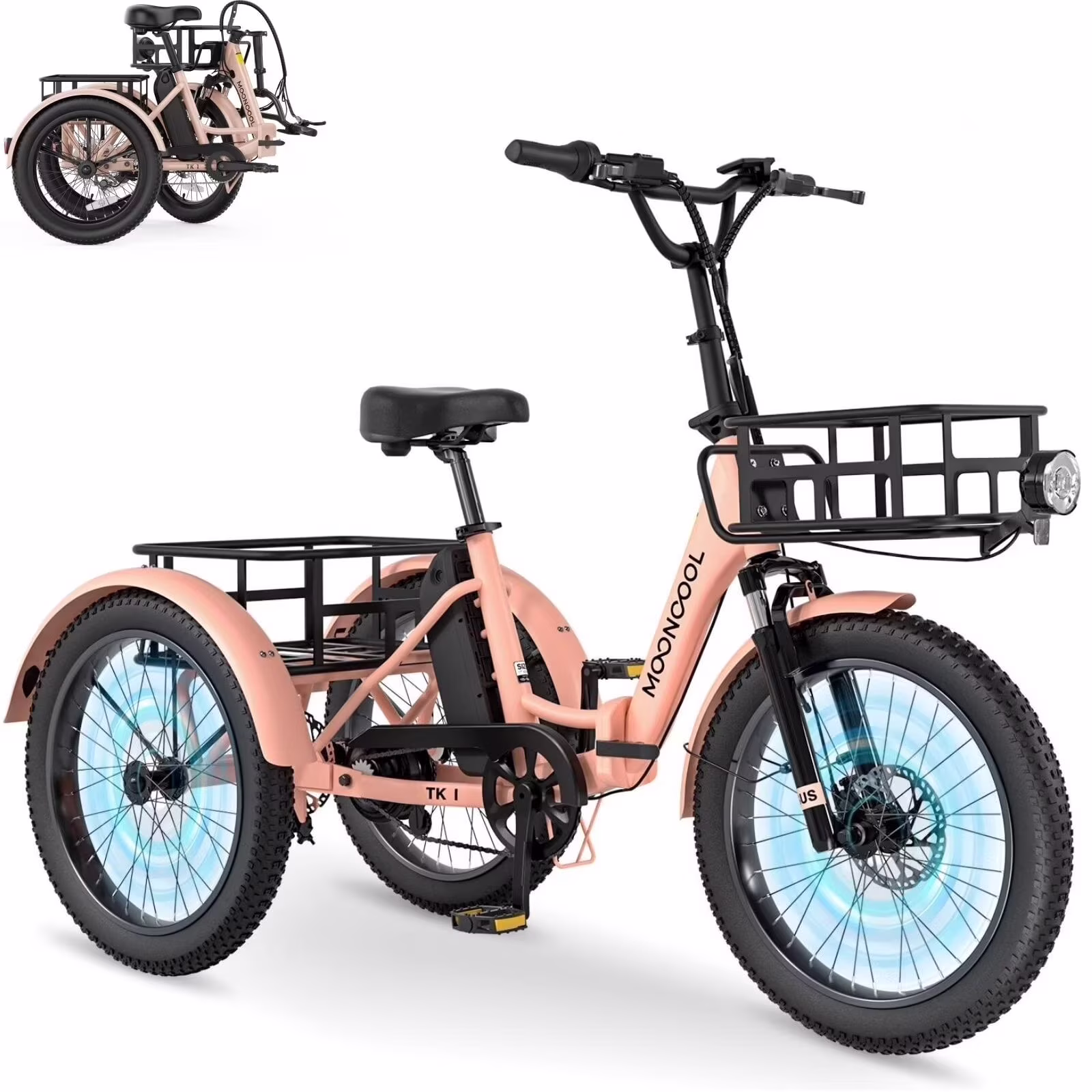 MOONCOOL TK1 Folding Electric Tricycle for Adults,48V 14.5Ah Removable battery, 500W(Peak 1000w)Motor, 20" Fat Tire Step-Thru 3Wheel Electric Bicycle w/Front&Rear Baskets, Certified to UL 2849 by SGS - Image 3