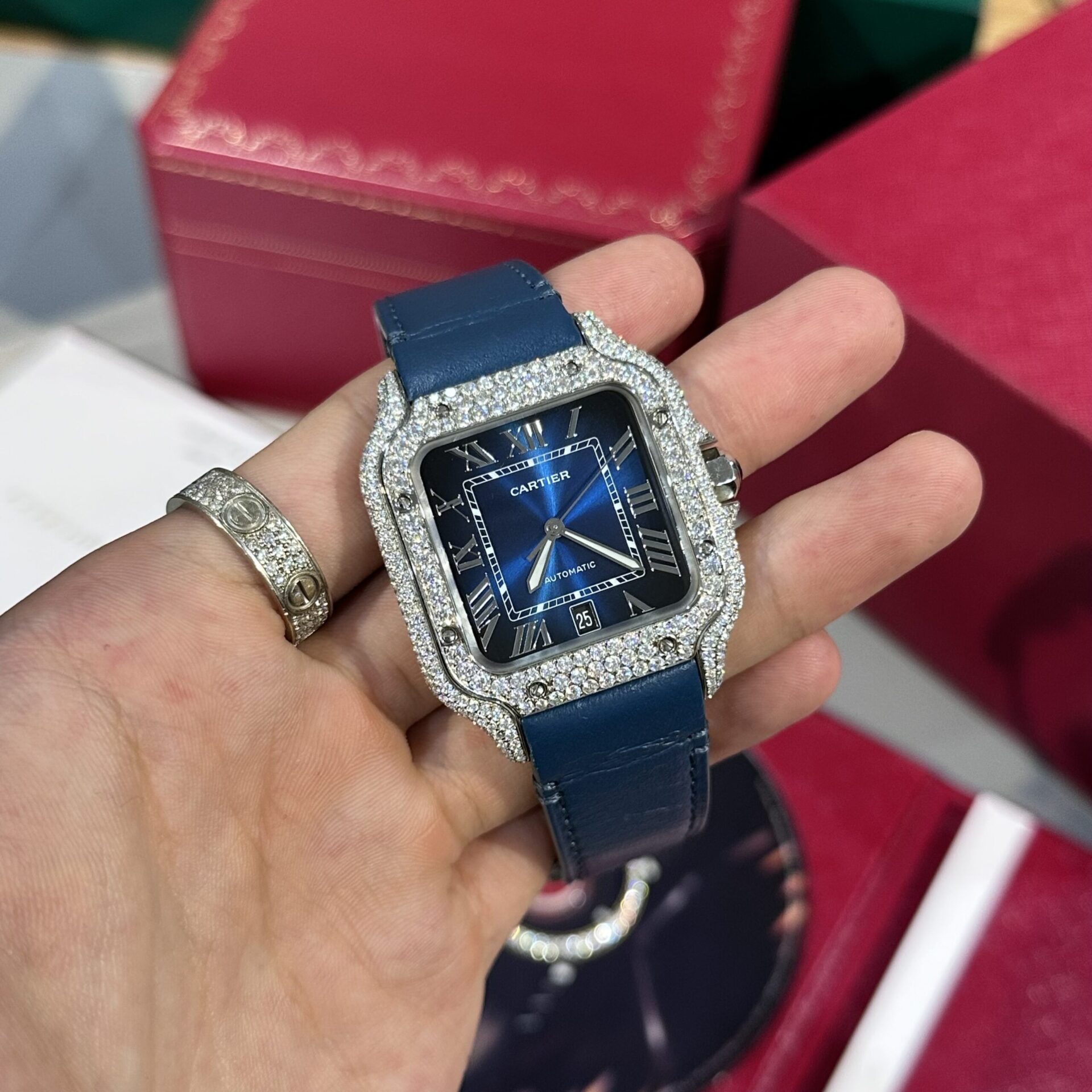 Cartier Santos Replica Watch Blue Dial Custom Moissanite Diamonds 39.8mm - Elite Watch Atelier