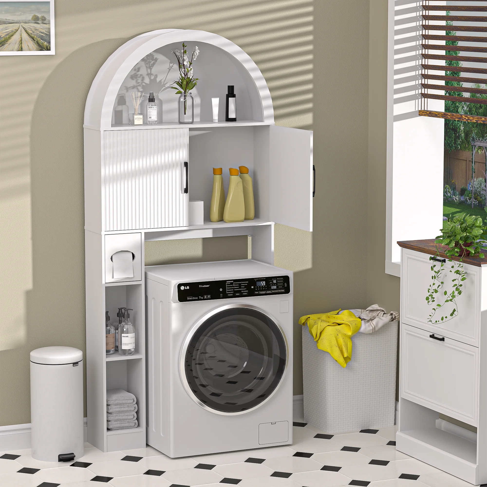 HARIPUL Over The Toilet Storage Cabinet w/ Unique Wood Grain & Arc Design, Freestanding Bathroom Shelf Organizer Space Saver w/ Doors & Anti-Tip Device, Wood Color - Image 31