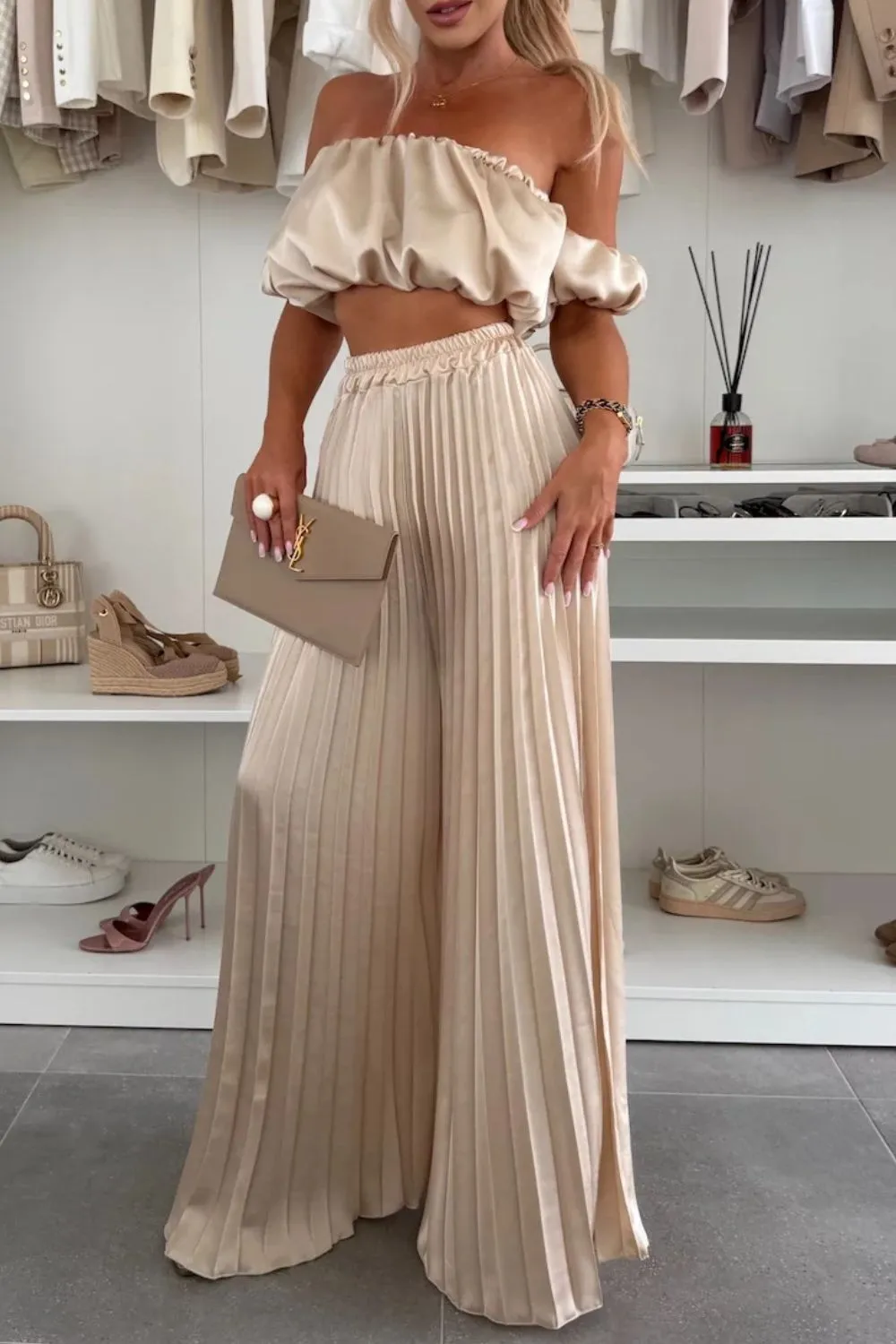 Off-Shoulder Top and Pleated Pants Set - ZKZOOK