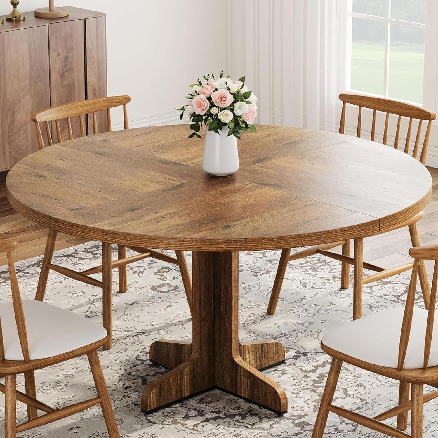 IDEALHOUSE Round Dining Table for 4, 47 Inches Circle Dining Room Table with Wooden Base for Kitchen, Living Room (Table Only), Brown
