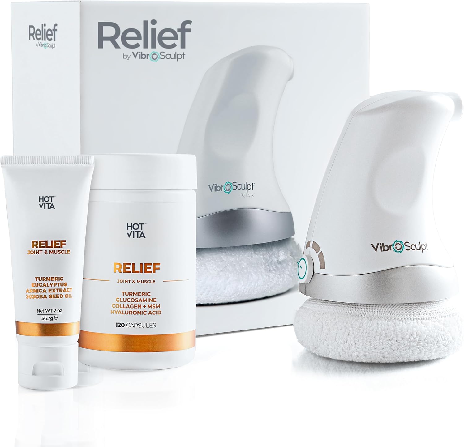 Vibro Sculpt Relief Bundle – Handheld Massager for Muscle & Joint Comfort with Relief Gel & Capsules, At-Home Massage Device for Full-Body Relaxation & Daily Wellness Support