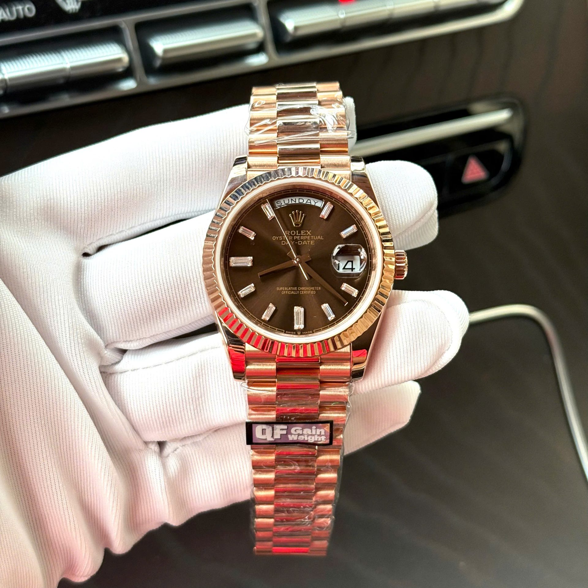 Rolex Day-Date Dial Chocolate Copies Watch 18K Gold Wrapped Weight 186Gram QF 40mm - Elite Watch Atelier