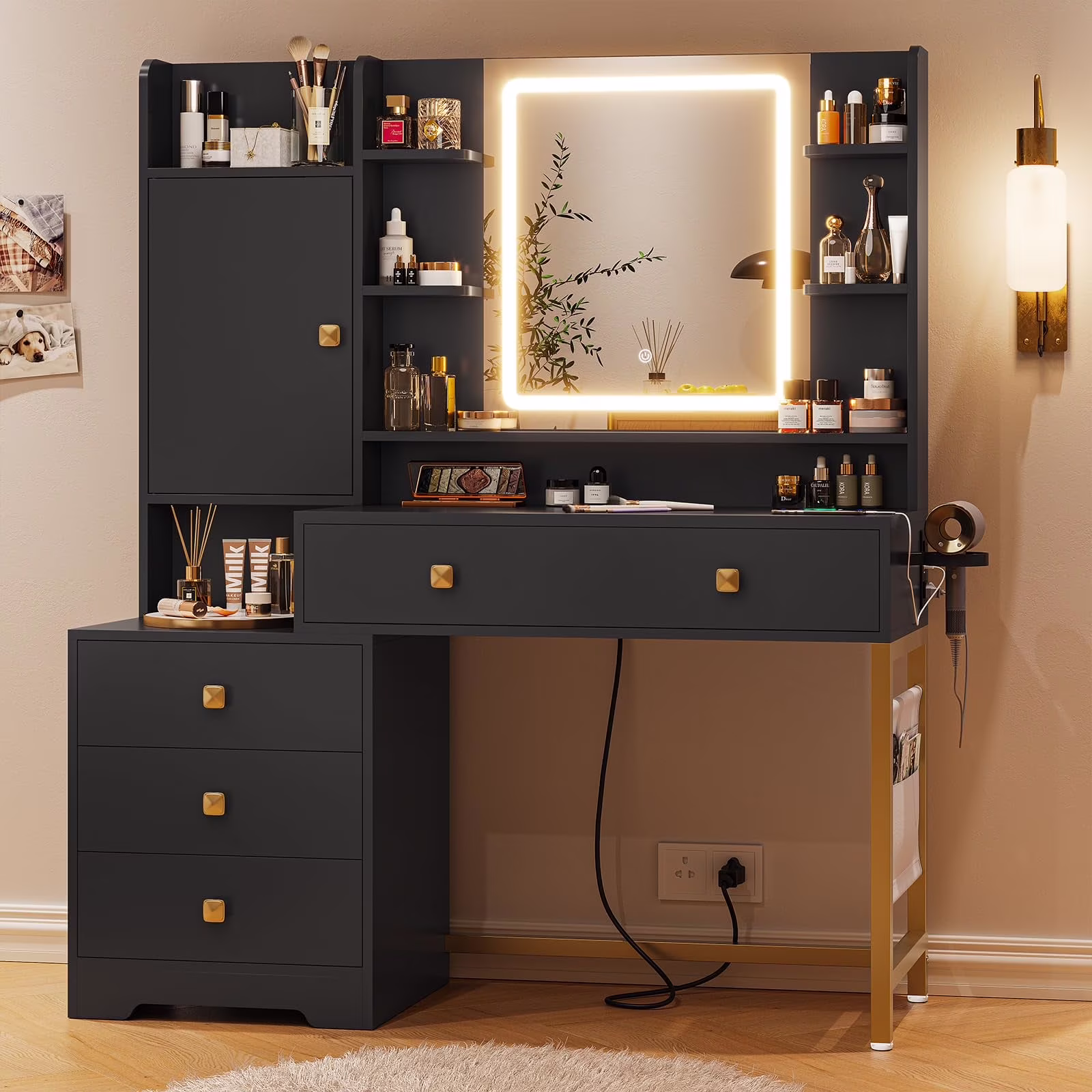 Makeup Vanity Desk with Lighted Mirror & Charging Stations & 6 Drawers Large Vanity Table Bedroom Dressing Table with Glass Tabletop&Side Cabinet&Glass Tabletop, Black - Image 3