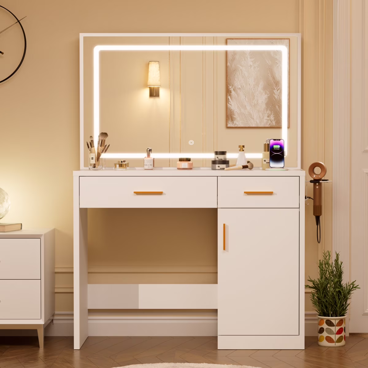 Blorly White Vanity Desk with Mirror, Makeup Vanity Table with LED Lights and Power Outlet, 3 Drawer, 4 Shelves, 1 Cabinet - Image 3