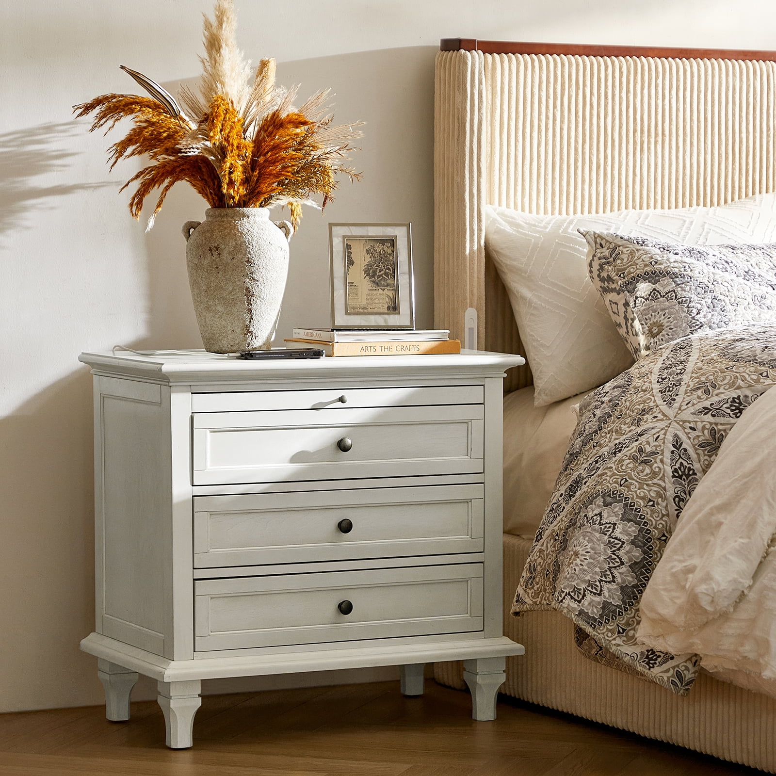 Farmhouse 3 Drawers Nightstand with Tray Bedside Table with Charging Station Acorn - Image 18