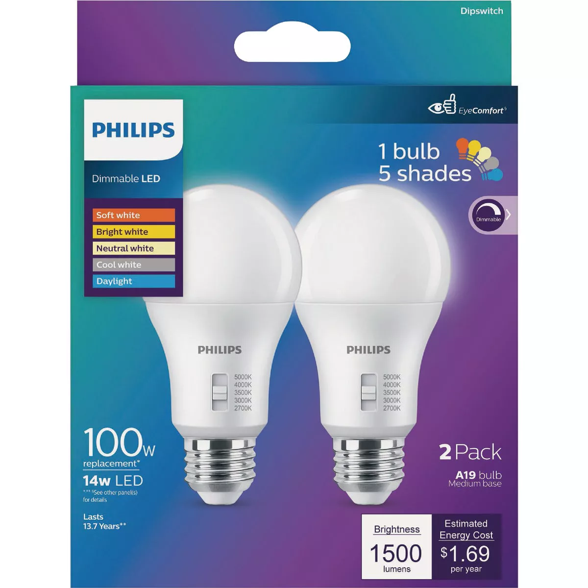 Philips 100W Equivalent 5 CCT A19 Medium Dimmable LED Light Bulb (2-Pack)