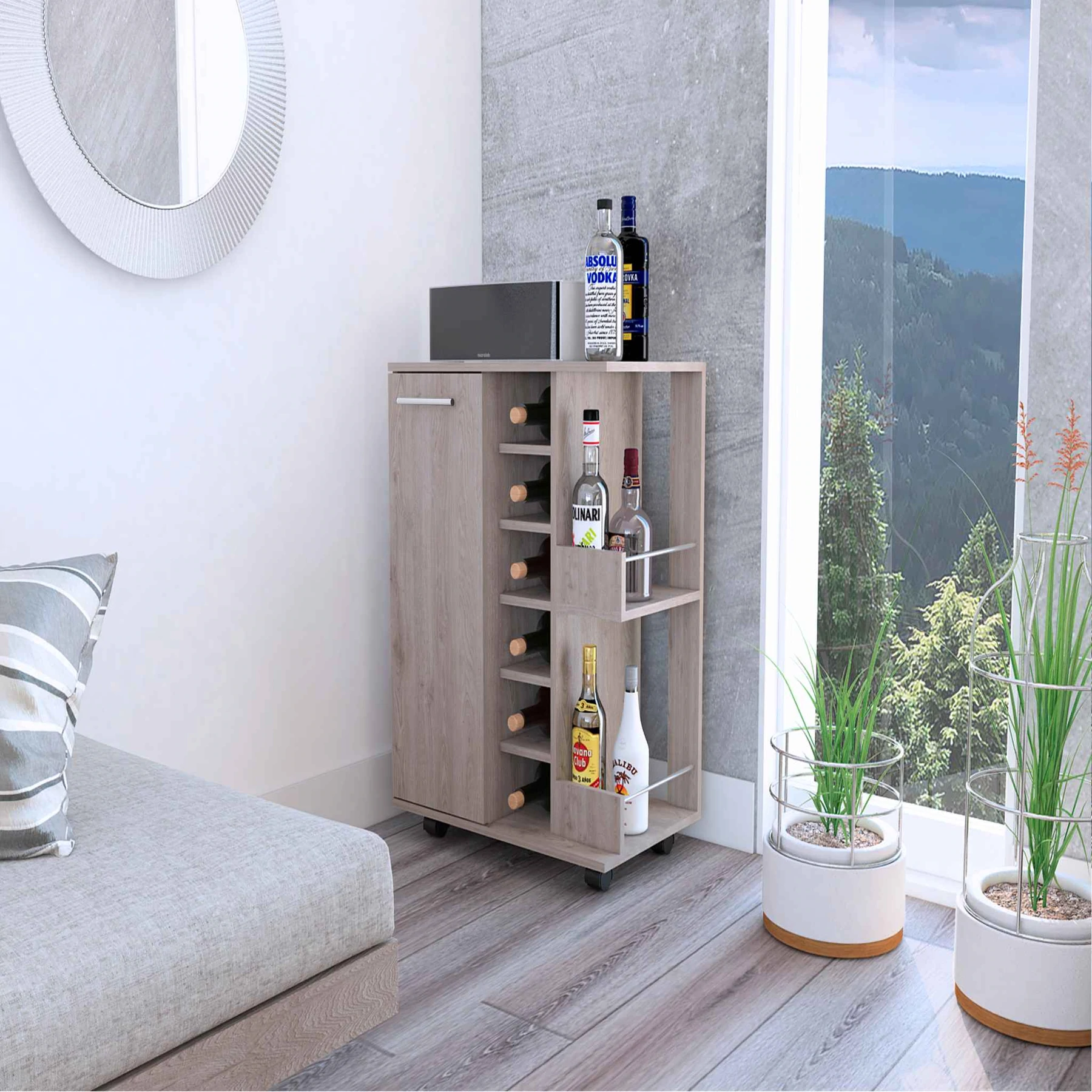 TUHOME Enclosed 2-Shelf Bar Cart Cabinet with 2-Side Displays, Light Grey