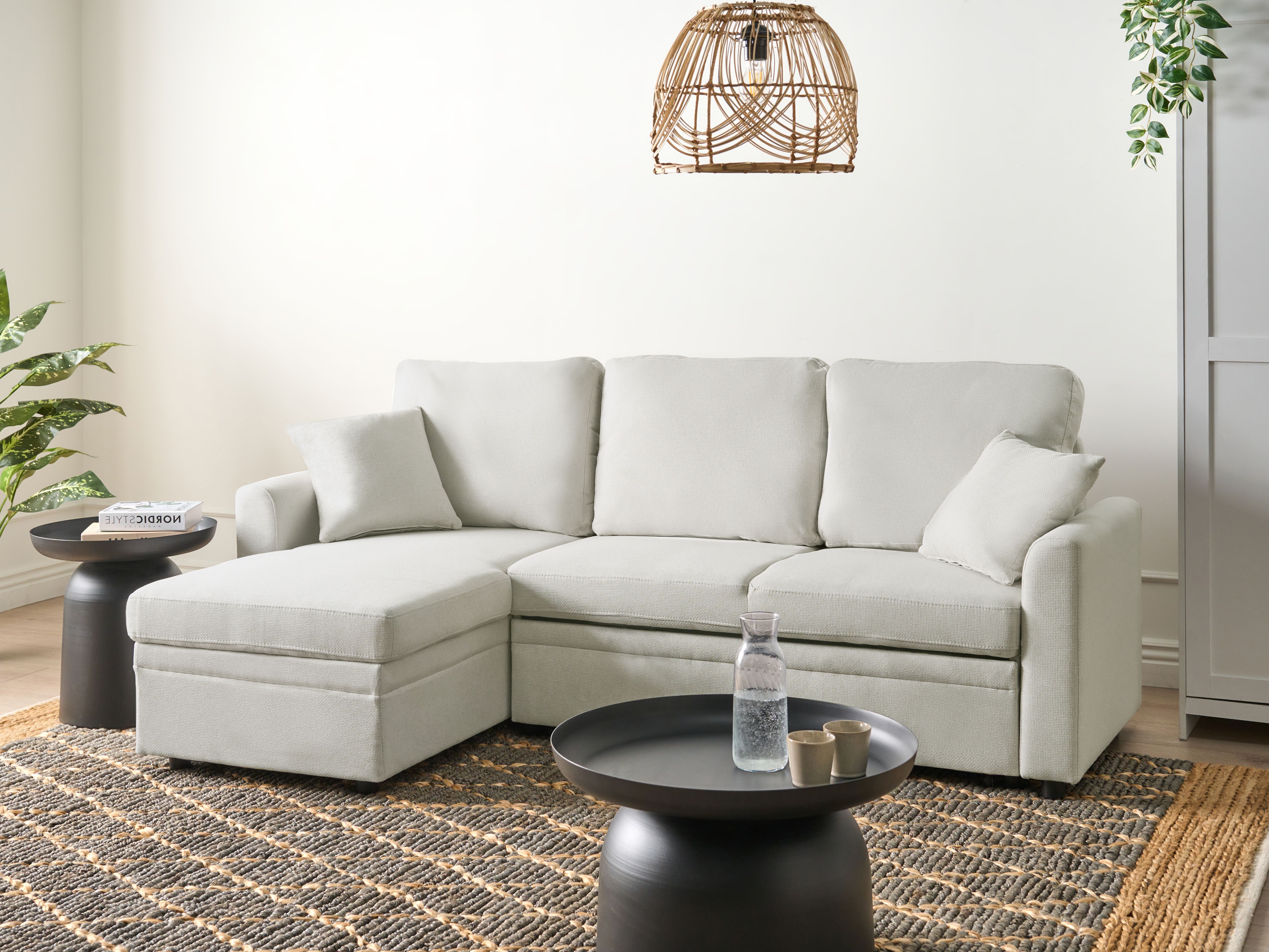 Corner Sofa Bed 3 Seater NASSJO Faux Linen Light Beige Right Hand
