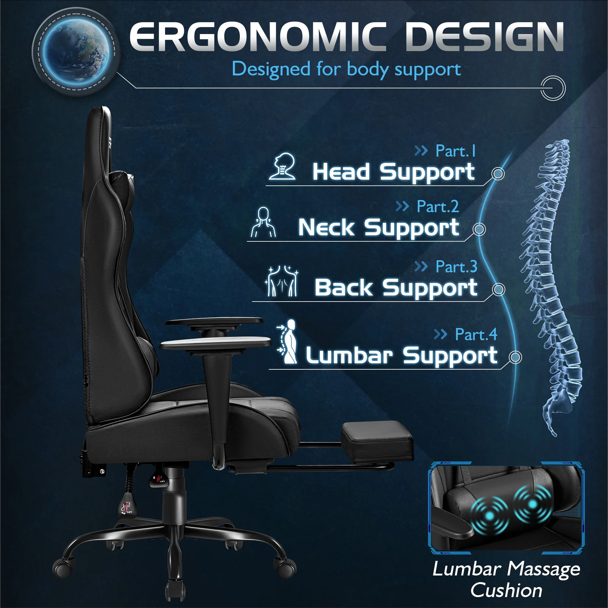 Homall Massage Gaming Chair Office Chair High Back PU Leather Chair with Footrest, Black