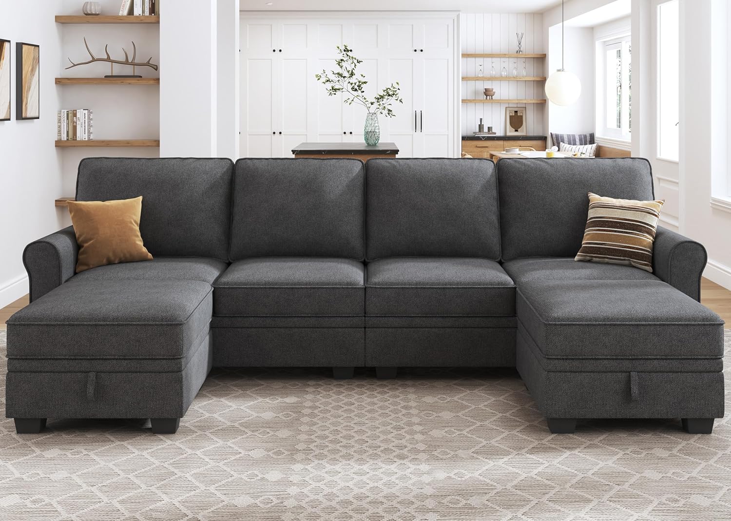 HONBAY Sectional Sofa with Storage Seat U Shaped Couch with Reversible Chaise Convertible Sectional Couches for Living Room,Dark Grey