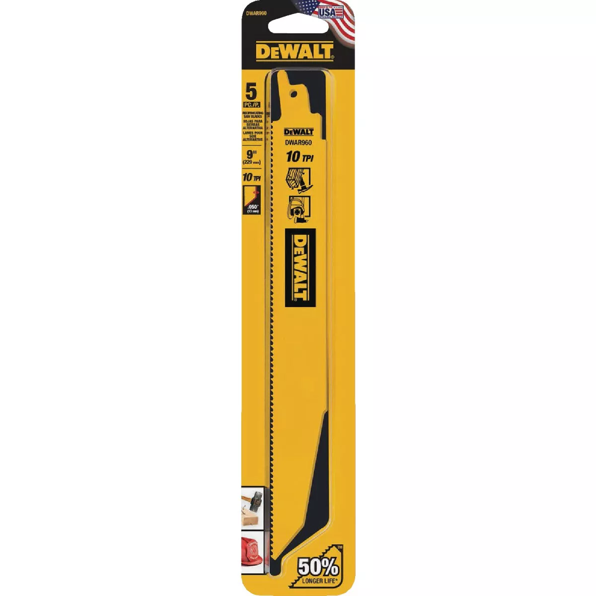 DEWALT 9 In. 10 TPI Demolition Bi-Metal Reciprocating Saw Blade (5-Pack)