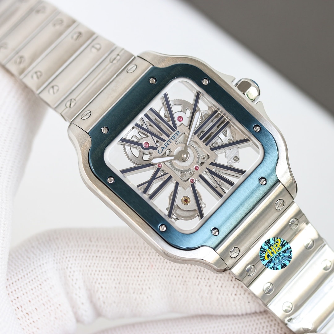 Fake Cartier Watch Santos large model mechanical movement with manual winding caliber Steel Blue Skeleton Dial WHSA0026 TWF(1:1 replica) - Top club