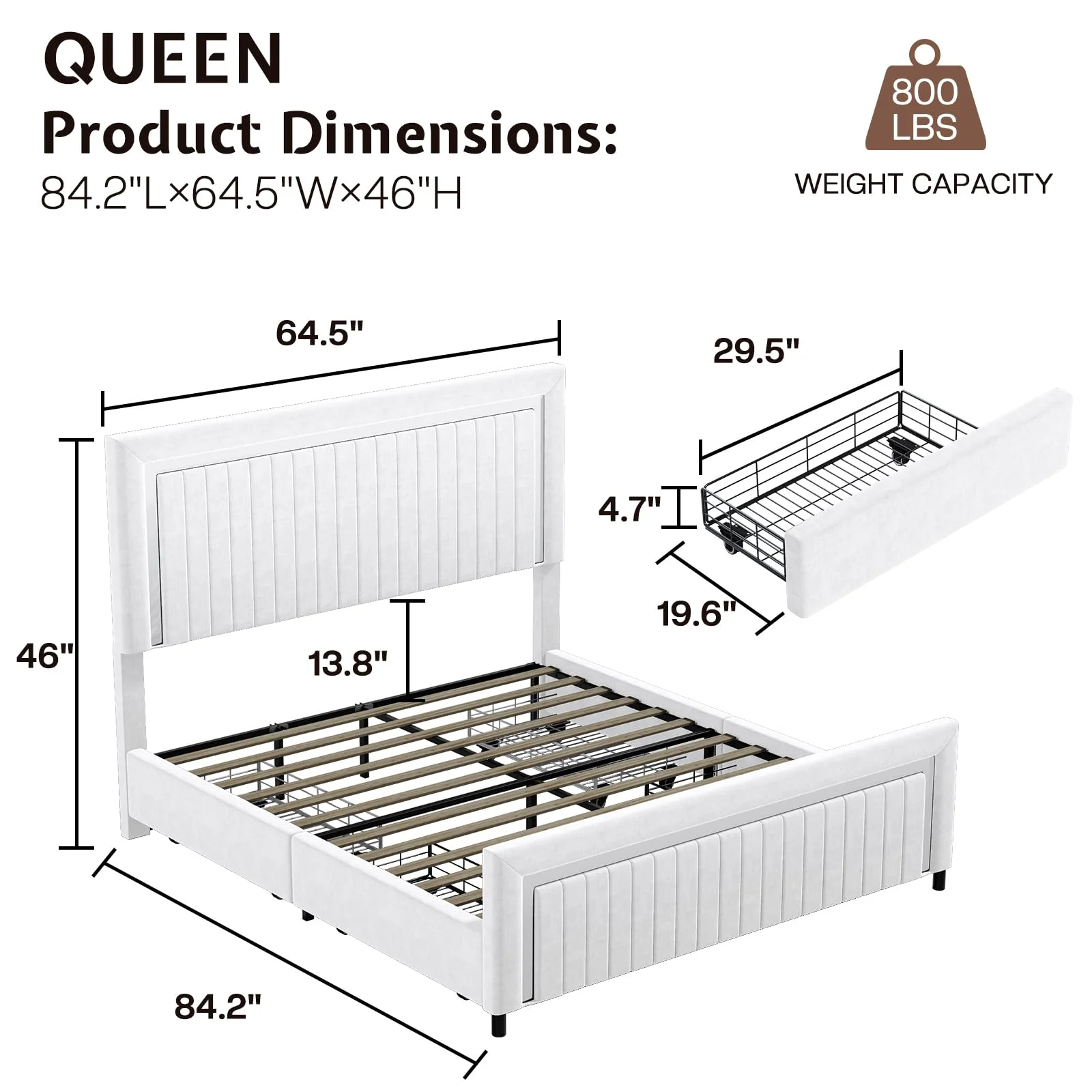 Merluxy Upholstered Platform Queen Size LED Bed Frame with 4 Storage Drawers, Adjustable Headboard with Vertical Channel Design, White