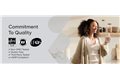 slide 3 of 4, zoom in, image of a smiling woman holding a glass of water in the kitchen. text reads: "commitment to quality." with three icons: igen non-gmo tested, certified gluten-free by nsf, and ifos. then 4 checkmarks next two the text: non-gmo tested, gluten-free, third-party tested, and cgmp compliant.
