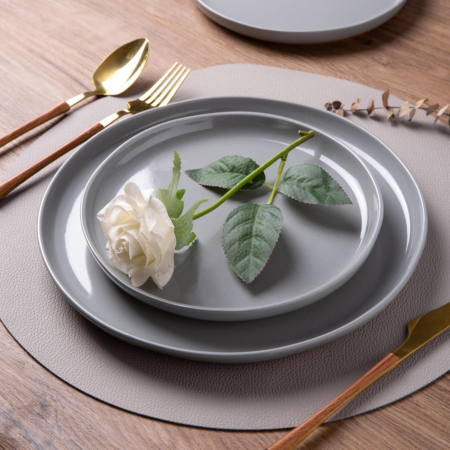 AmorArc Ceramic Dinnerware Sets for 4, 12 Pieces Handpainted Plates and Bowls Set with Rustic Terracotta Underside, Scratch Resistant Stoneware Dishes Set, Dishwasher & Microwave Safe, Gray