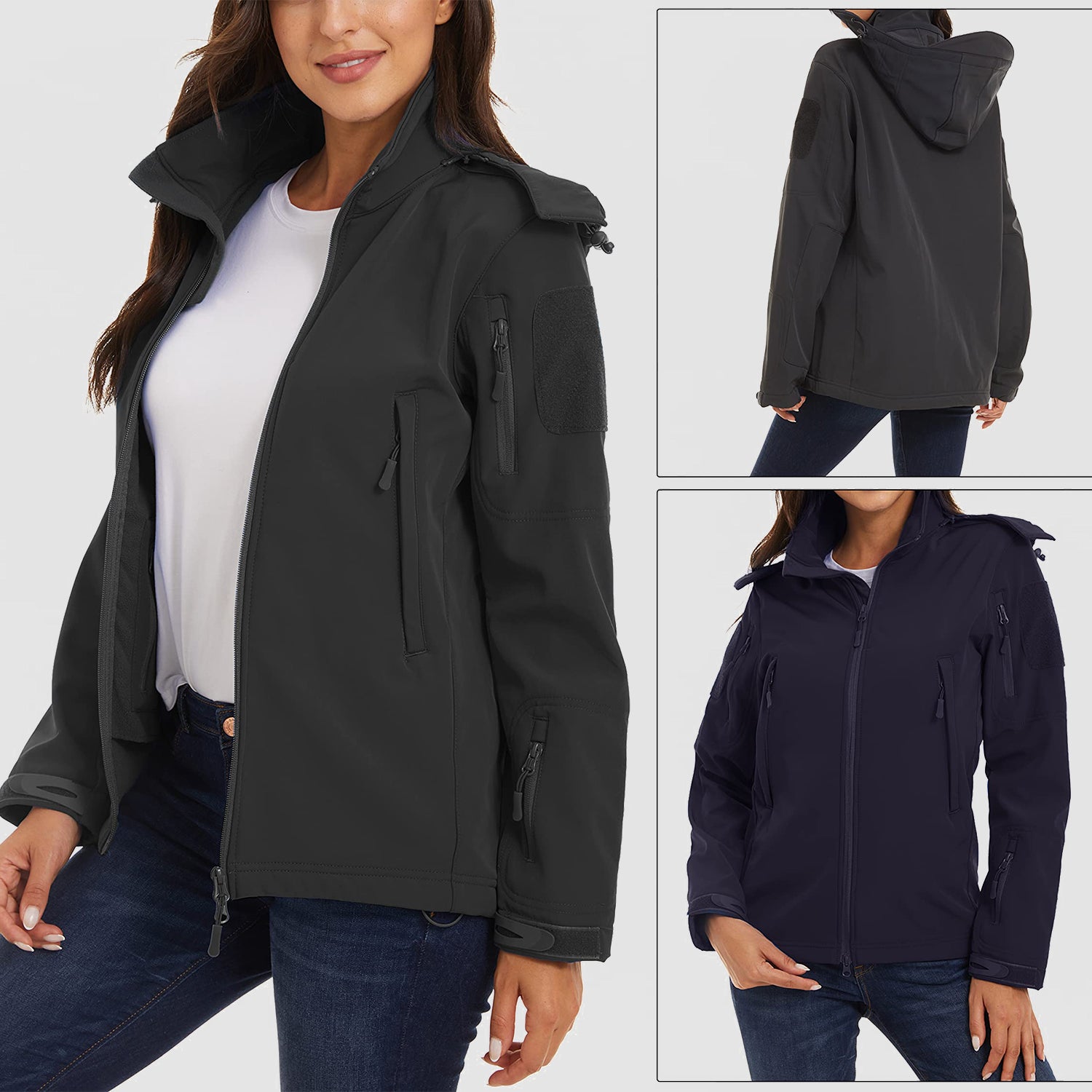 Women's Hooded Winter Jacket with 6 Pockets Waterproof Windproof Softshell Fleece Tactical Coat