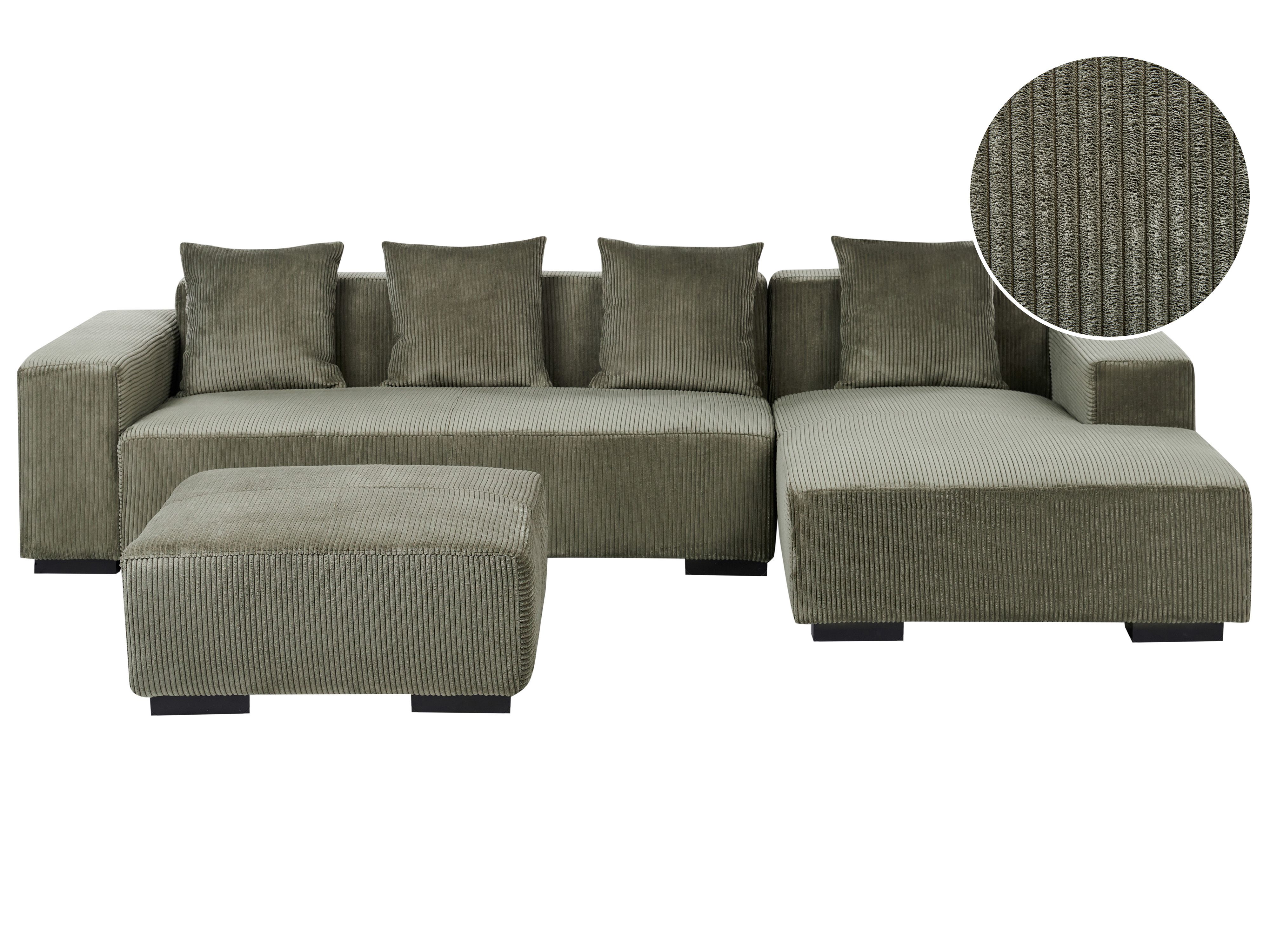 Corner Sofa 4 Seater LUNGO Corduroy Green with Ottoman Left Hand